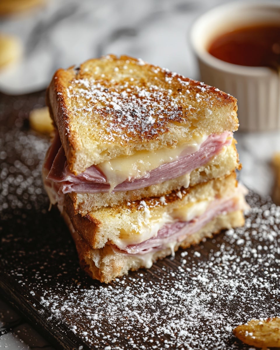 A toasted sandwich cut in half stacked one on top of the other, showing three layers: the top and bottom layers are thick slices of golden-brown toasted bread with a slightly crispy texture and light airy holes, sprinkled with powdered sugar, while the middle layer contains thin, light pink slices of ham folded with a glossy, smooth layer of melted cheese beneath. The sandwich rests on a dark textured surface with scattered powdered sugar around it, and in the background, a blurred white bowl with a reddish sauce is visible, all set against a white marbled texture. Photo taken with an iphone --ar 4:5 --v 7