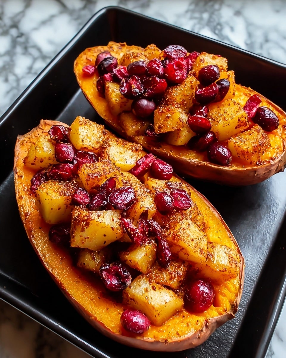 Two halves of roasted orange sweet potato act as the base layer, their soft, smooth texture visible with a slightly browned edge. On top is a chunky middle layer of golden-brown cooked apple pieces, showing a caramelized surface with a spicy seasoning dusted over them. Scattered across the apples and sweet potato are bright, glossy red cranberries that add a fresh and juicy contrast. The halves are placed on a black tray which sits on a white marbled textured surface. photo taken with an iphone --ar 4:5 --v 7