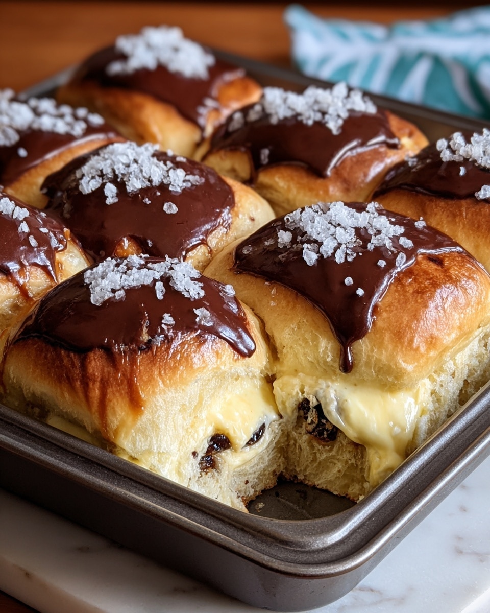 Six soft bread rolls sit close together in a metal baking tray on a white marbled texture. Each roll is topped with a smooth, shiny dark chocolate glaze, with some sprinkled white sugar crystals on top. The rolls have a golden brown crust with a fluffy, light yellow interior. Inside, creamy vanilla custard oozes out from the middle, mixed with bits of dark raisins. The custard looks smooth and thick, slightly dripping down the edges of the rolls. The photo taken with an iphone --ar 4:5 --v 7