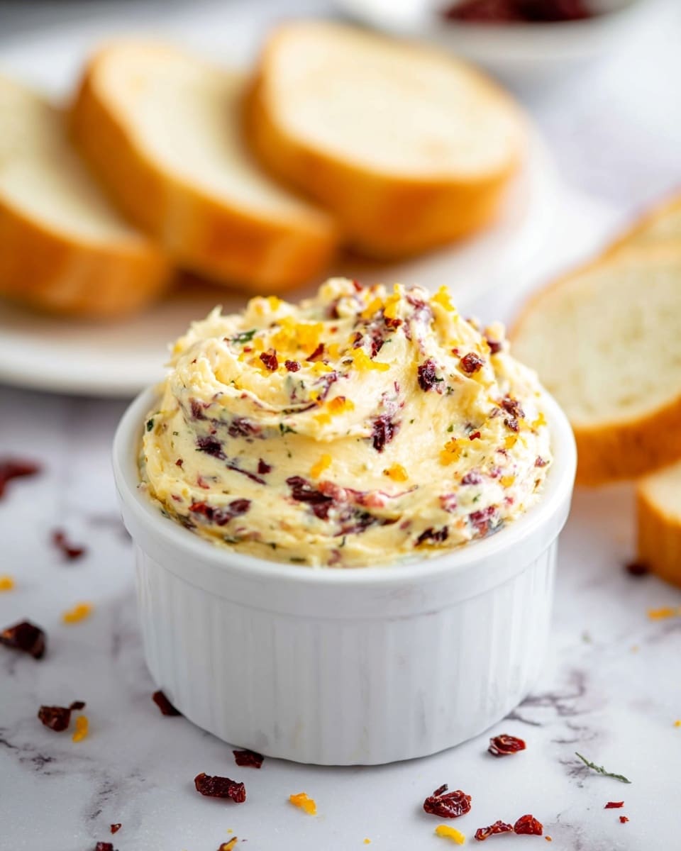 A white ramekin filled with a creamy, textured spread that has swirled shades of pale yellow butter mixed with small dark red berry pieces and flecks of bright orange zest on top, creating a marbled effect. The spread reaches just above the rim with gentle peaks and waves. Around the ramekin on a white marbled surface, small dried red berries and orange zest pieces are scattered. In the blurred background, there are slices of light golden bread on a white plate, adding a soft contrast to the vibrant spread. Photo taken with an iphone --ar 4:5 --v 7