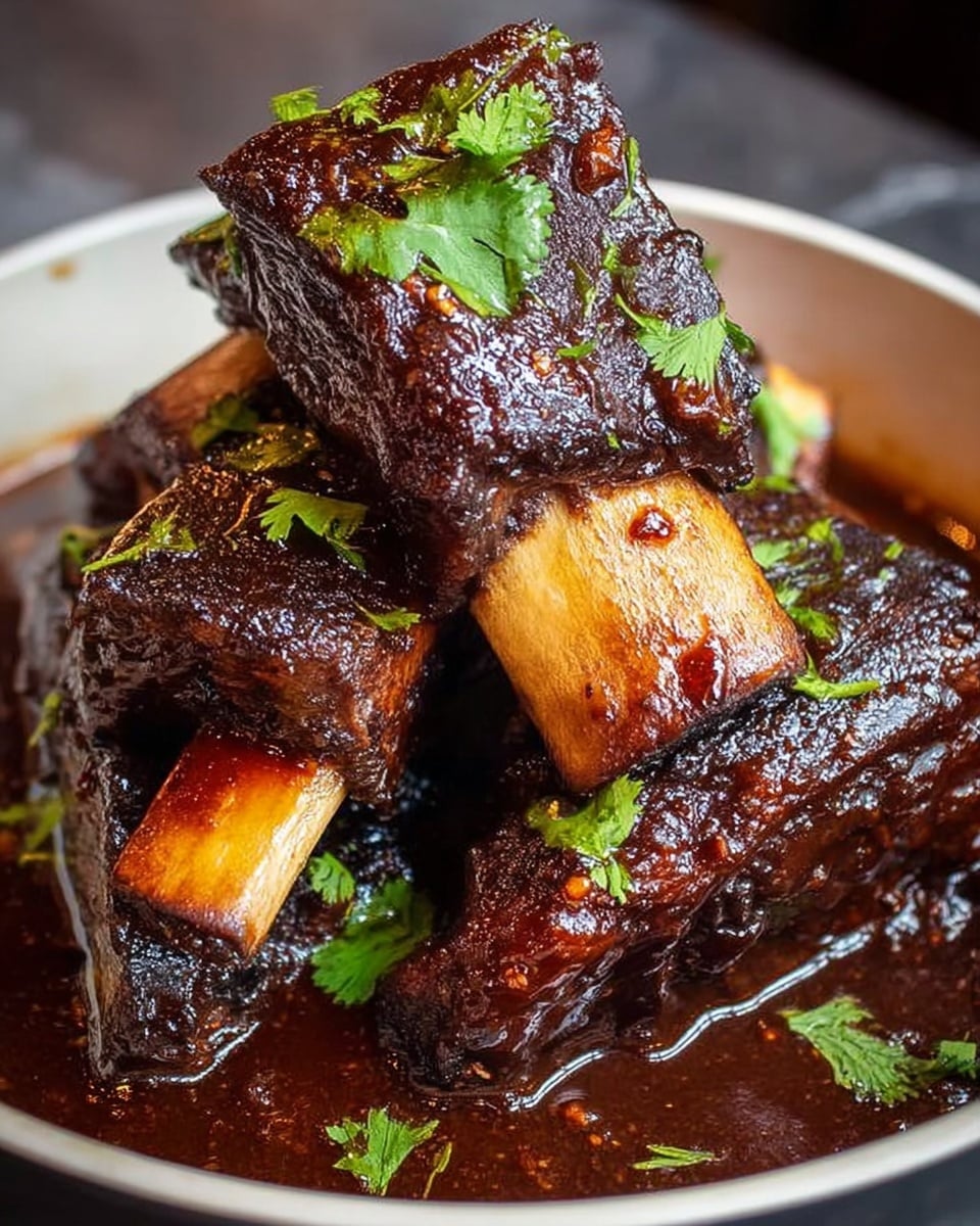The dish shows a close-up of four ribs stacked together in a white bowl filled with thick, dark brown sauce. The ribs have a shiny, sticky glaze coating their rich, dark meat, with the bone ends sticking out, showing a light beige to brown color. Small green leaves of fresh cilantro are sprinkled on top, adding a bright contrast to the deep colors of the meat and sauce. The background and surface have a white marbled texture. Photo taken with an iphone --ar 4:5 --v 7