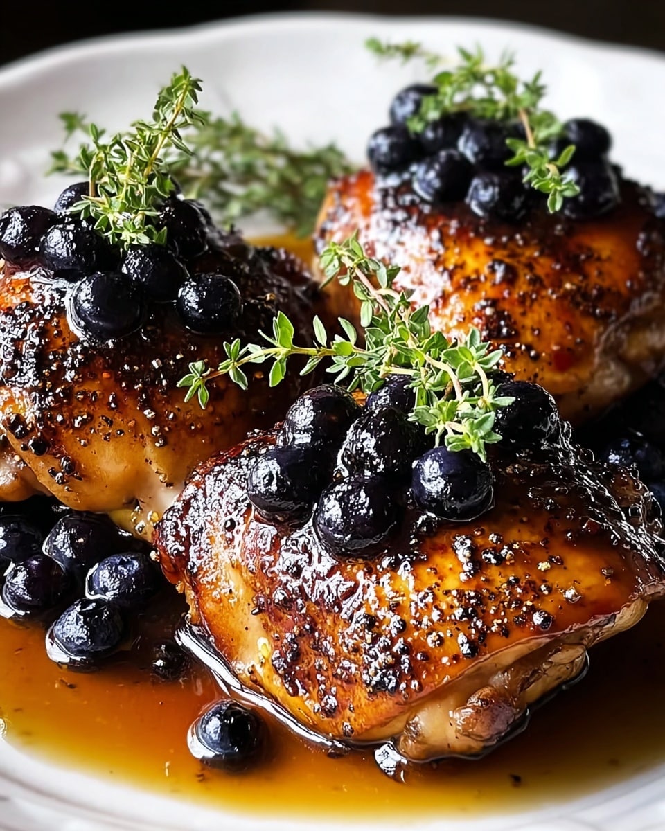 Three browned chicken thighs with a shiny glaze and charred black pepper flakes cover the surface, each piece topped with a small pile of shiny dark blueberries and a sprig of fresh green thyme in the center. The chicken sits in a deep amber sauce that pools around the base on a white plate, placed on a white marbled surface. The image is close-up, showing the juicy texture and glistening sauce clearly. photo taken with an iphone --ar 4:5 --v 7