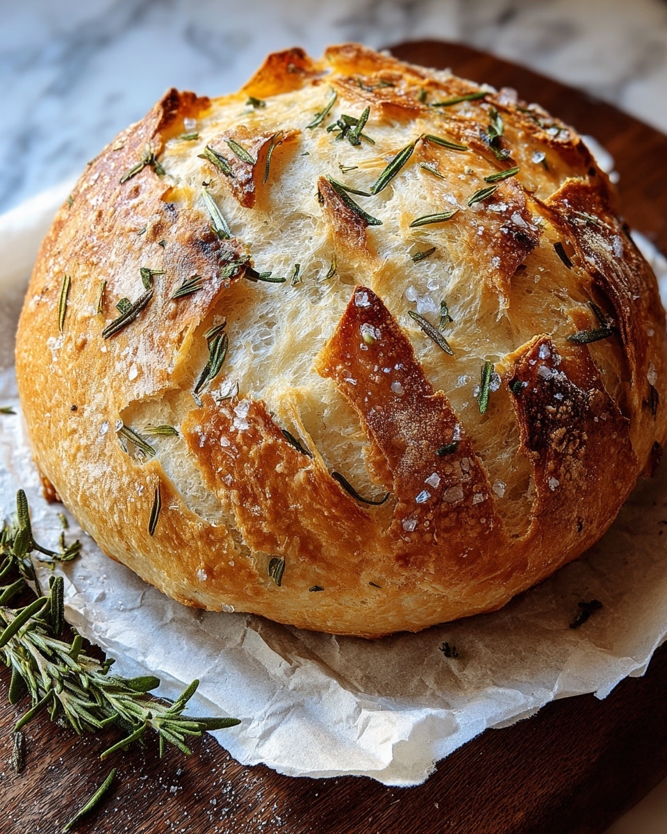 A round loaf of bread with a golden brown crust that has deep, irregular cuts and a soft, airy light beige inside visible through the cracks. The crust is sprinkled with coarse salt and fresh green herb sprigs, likely rosemary or thyme. The bread rests on a crumpled white paper on a dark wooden cutting board with a sprig of green herb placed on the side. The background is a white marbled texture. Photo taken with an iphone --ar 4:5 --v 7