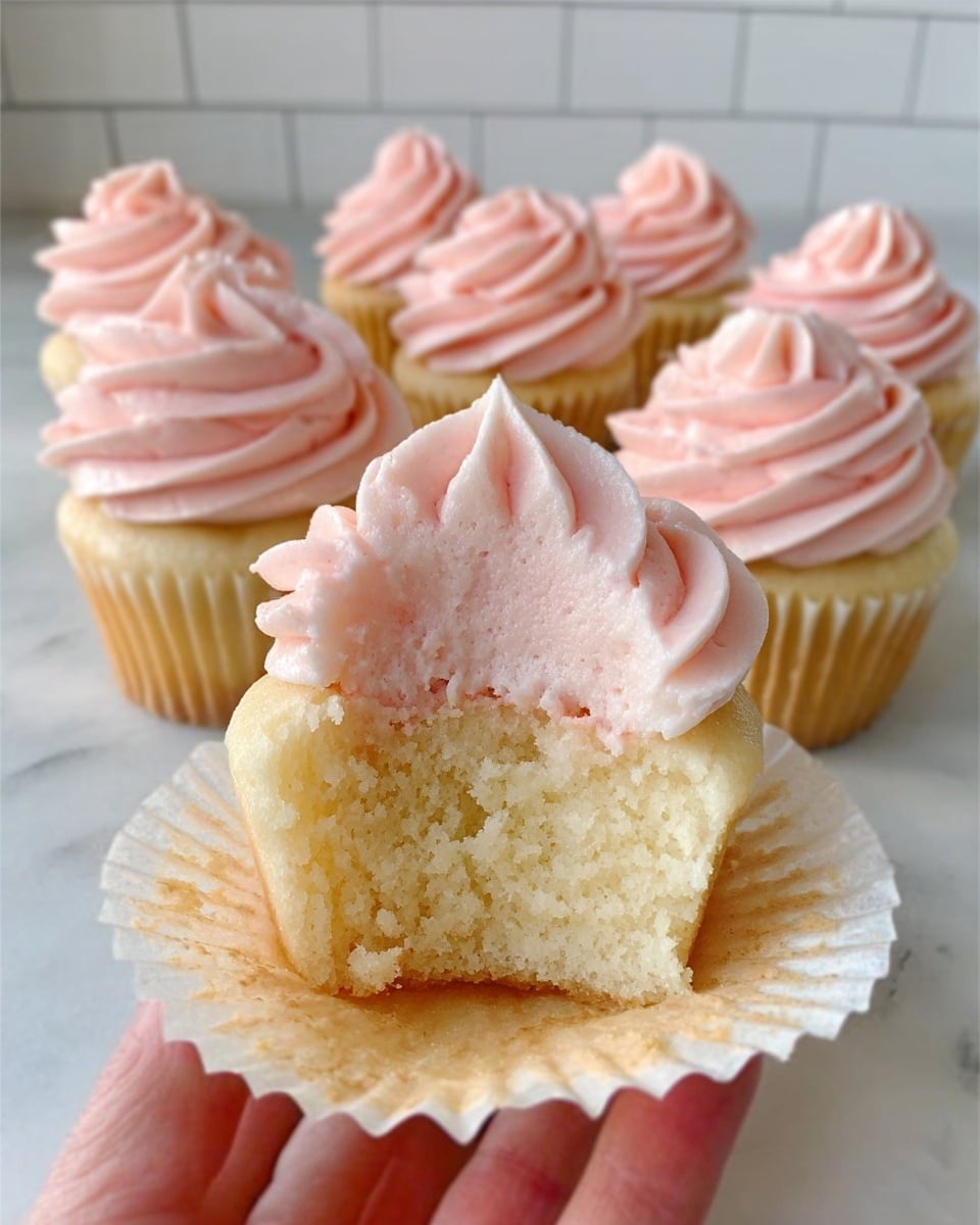 A group of vanilla cupcakes with soft pink frosting swirled thickly on top, each cupcake having one smooth, creamy layer of pale vanilla cake visible. One cupcake in front is partially bitten, showing the fluffy, light texture inside. The cupcakes are held by a woman's hand with white paper liners at the base, and they sit on a white marbled surface with a blurred white subway tile background. The photo captures the warm, delicate colors and detailed swirls of frosting. Photo taken with an iphone --ar 4:5 --v 7