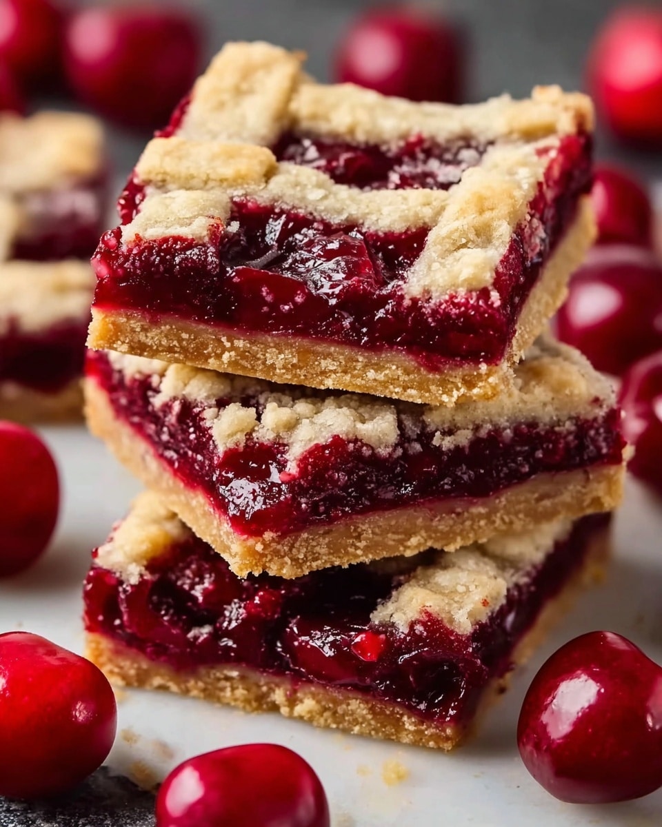 A close-up view of three stacked cherry bars, each with three layers: a golden crumbly crust at the bottom, a thick glossy deep red cherry filling packed with whole cherries in the middle, and a light beige lattice crust on top with a slightly rough texture showing cherry filling peeking through. The bars are stacked unevenly, showing the rich, juicy filling and crust details. Around them are fresh shiny red cherries, all placed on a white marbled surface. photo taken with an iphone --ar 4:5 --v 7