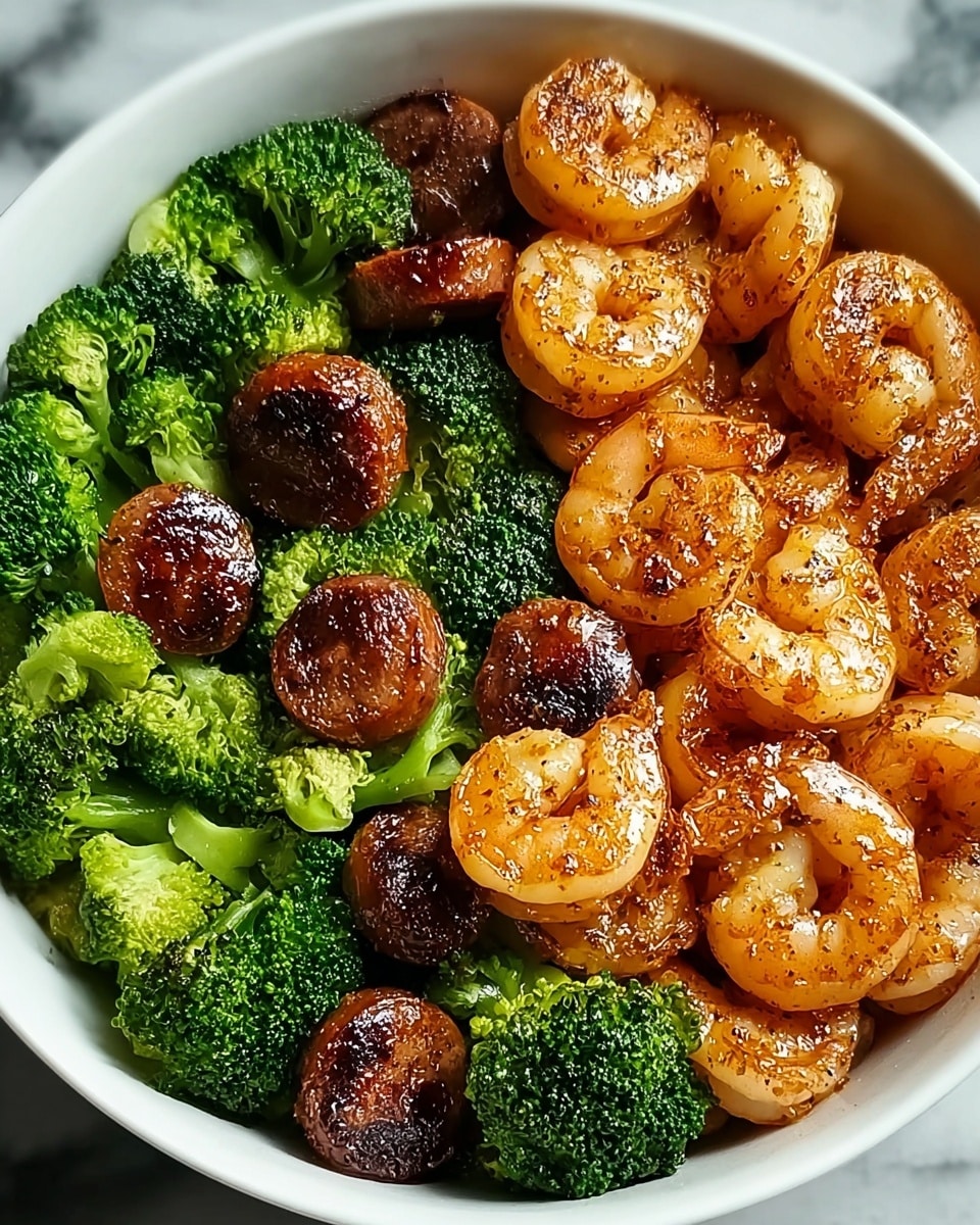 A white bowl is filled with three layers of food, starting with a base layer of bright green broccoli florets with a slightly glossy texture. The middle layer contains small, round, dark brown sausage pieces with a shiny, glazed look. The top layer features multiple medium-sized shrimp that are orange-pink with a slight char and visible seasoning, adding a glistening, cooked appearance. The dish is vibrant, with a mix of green, orange, and brown colors, all sitting on a white marbled surface. photo taken with an iphone --ar 4:5 --v 7