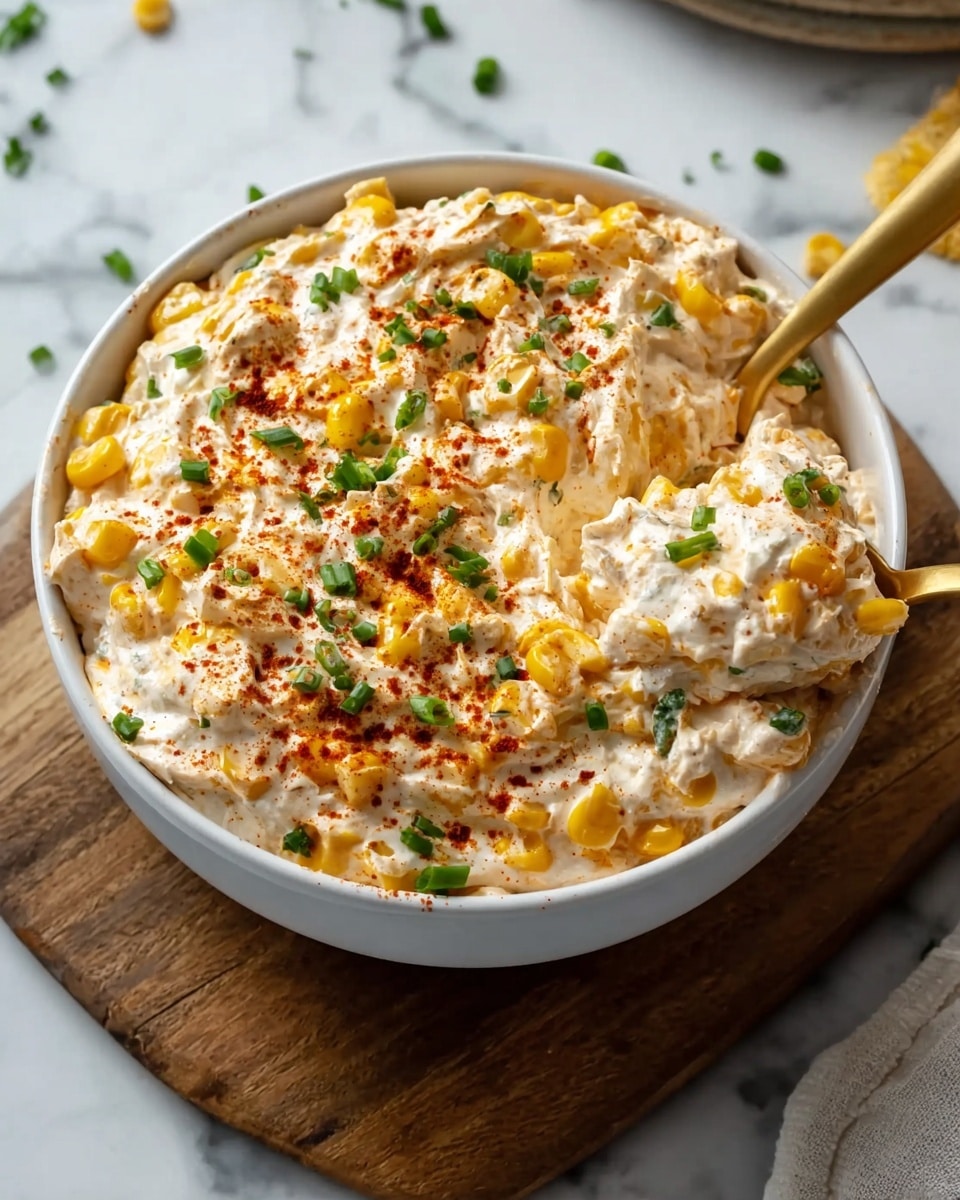 A white bowl filled with a creamy, off-white dip mixed with yellow corn kernels and small green onion pieces, creating a textured, chunky surface. Light red paprika or chili powder is sprinkled evenly on top for color contrast. A gold spoon is partially submerged on the right side of the bowl, lifting some of the creamy dip. The bowl sits on a wooden board, placed on a white marbled surface with some scattered green onion pieces around. Photo taken with an iphone --ar 4:5 --v 7