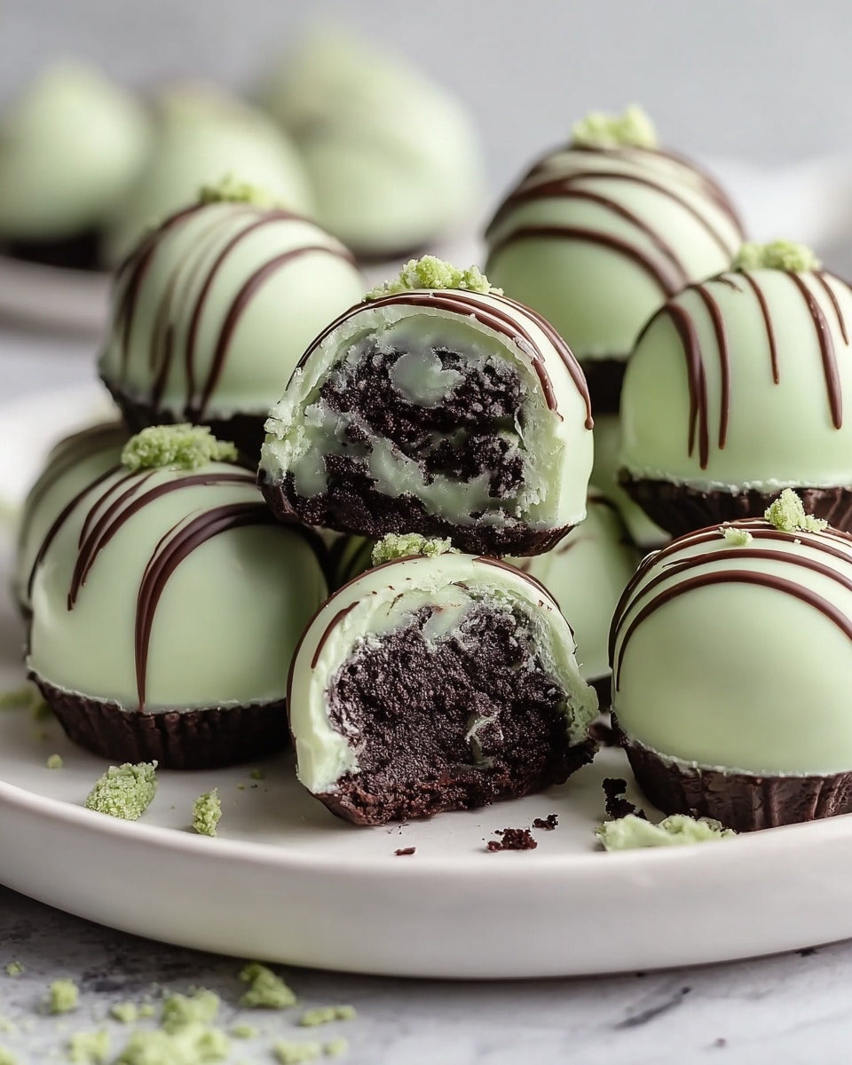 The image shows round chocolate truffles arranged on a white plate with a white marbled texture underneath. Each truffle has a dark chocolate base that looks firm and crumbly. On top of the base is a smooth, pale green coating that covers the whole truffle. Some truffles are decorated with thin drizzles of dark and white chocolate in curved lines, adding texture and contrast on the green surface. One truffle is cut in half and placed on top of another, revealing a two-layered inside: the outer pale green coating and a dark, crumbly chocolate center with small bits inside. Small green and dark chocolate crumbs are scattered around the plate, enhancing the texture. The background is softly blurred to keep the focus on the truffles. photo taken with an iphone --ar 4:5 --v 7