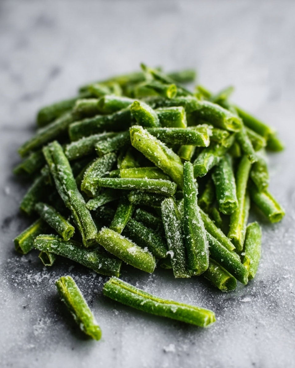 The image shows a small pile of frozen green beans on a white marbled surface. The beans are cut into short segments, bright green in color with icy frost covering them, giving a rough texture. The background is blurred, making the beans stand out sharply in the center. photo taken with an iphone --ar 4:5 --v 7