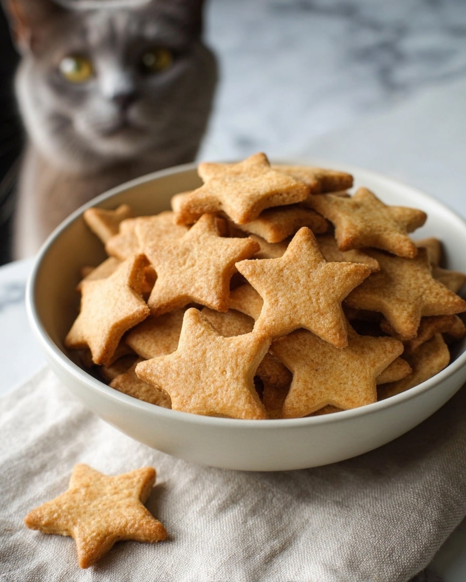 A white bowl filled with many golden brown star-shaped cookies stacked on top of each other, showing a rough yet crisp texture. The bowl rests on a light beige cloth over a white marbled surface. In the background, a blurred gray and brown cat is looking at the bowl. photo taken with an iphone --ar 4:5 --v 7