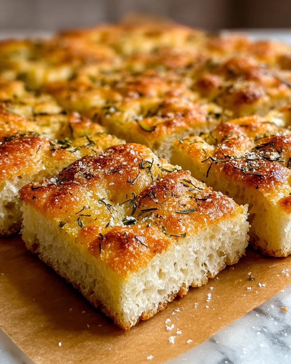 The image shows thick square pieces of golden focaccia bread arranged closely on a light brown baking paper. The focaccia has a soft, fluffy base layer with a pale color. The top layer is a crispy golden brown crust sprinkled with coarse sea salt and green herbs, likely rosemary, spread unevenly across the surface. The texture on top looks slightly crunchy with little browned spots, giving a warm and fresh-baked feel. The background is softly blurred, keeping focus on the bread, all placed on a white marbled texture. photo taken with an iphone --ar 4:5 --v 7