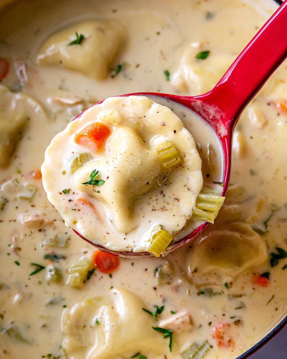 A close-up view of a creamy soup with two layers visible: the top layer is light beige with smooth, slightly glossy texture, showing large ravioli pieces, some garnished with small green herbs, and the second layer beneath contains soft chunks of orange carrots, light green celery, and small bits of meat immersed in the thick cream. A red ladle holds a scoop of two ravioli, some celery, carrot, and broth, all covered in the shiny, creamy sauce. The background is a white marbled texture. photo taken with an iphone --ar 4:5 --v 7