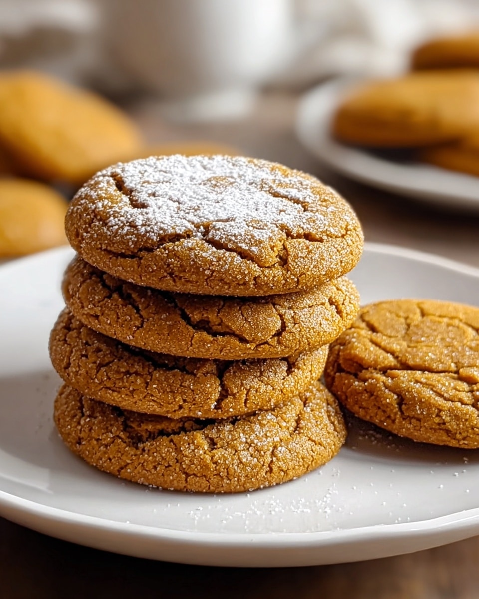 A white plate holds a stack of five round ginger cookies, each cookie a warm golden brown with a slightly cracked, textured surface. The top cookie is dusted lightly with white powdered sugar, adding contrast to its rough, crinkled texture. The cookies have soft edges and a slightly glossy finish, suggesting freshness. In the blurred background, more ginger cookies lie on a white plate, resting on a white marbled surface. Photo taken with an iphone --ar 4:5 --v 7