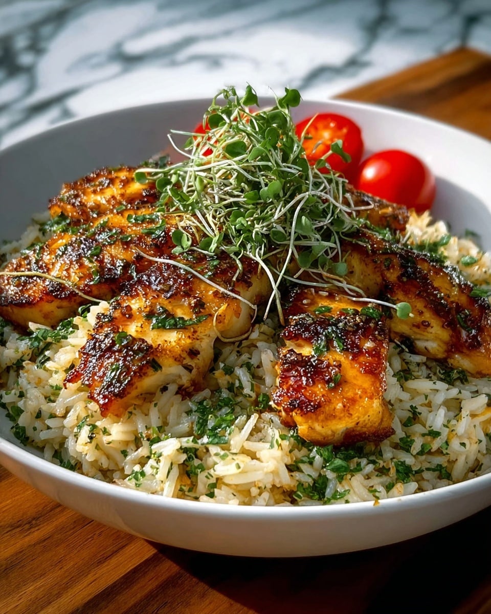 A white bowl filled with a base layer of cooked rice mixed with chopped green herbs, giving the rice a speckled green appearance, topped with several pieces of golden-brown grilled fish fillets that have a crispy, slightly charred texture and are sprinkled with finely chopped parsley. On top of the fish, there is a small garnish of fresh green herbs with thin light green sprout strands. In the back of the bowl, a few bright red cherry tomatoes add a splash of color. The bowl is placed on a wooden surface with a white marbled texture background. Photo taken with an iphone --ar 4:5 --v 7