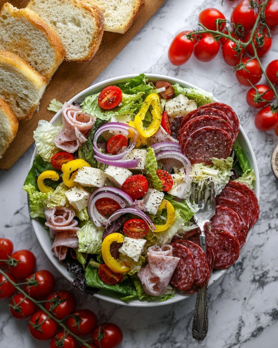 The image shows a vibrant salad in a white bowl sitting on a white marbled surface. The salad has a base layer of green leafy romaine lettuce. On top, there are bright red halved cherry tomatoes, yellow pepper rings, thin strips of red onion, and slices of white cheese scattered evenly. Several curled pieces of white deli meat are spread around, along with slices of marbled reddish salami. The salad is sprinkled with black pepper and herbs, creating a textured look. To the left, toasted slices of bread rest on a wooden board, while a fork is placed inside the salad bowl. Bright red cherry tomatoes on the vine are beside the bowl. photo taken with an iphone --ar 4:5 --v 7