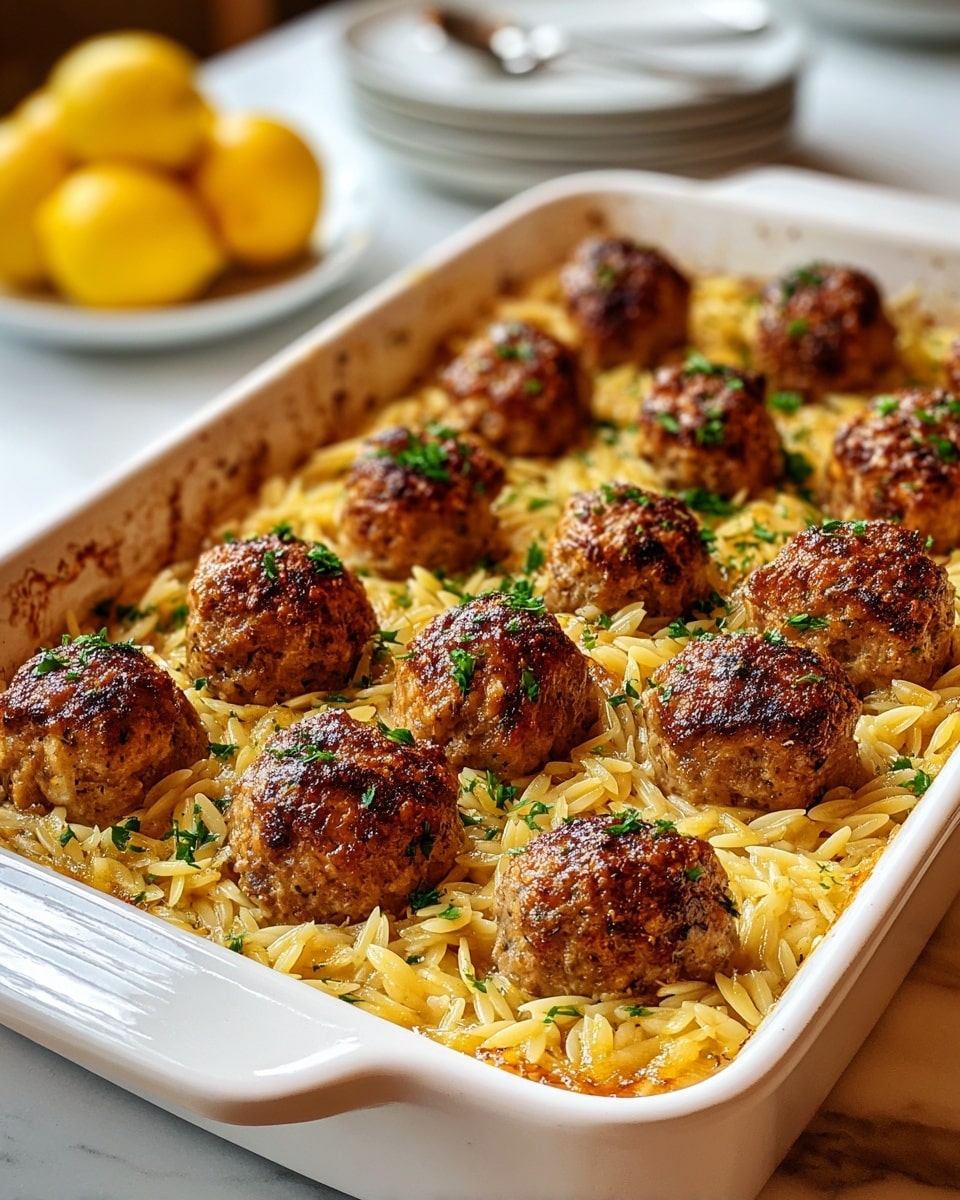 A white rectangular baking dish filled with a bed of golden yellow orzo pasta at the bottom, cooked and slightly scattered, forming the first layer. On top are three rows of round, browned meatballs, about fifteen in total, each with a crispy, dark golden crust and sprinkled lightly with chopped green herbs. The edges of the dish show some baked-on browned bits, giving a rustic look. In the background, blurred lemon and stacked white plates with silver forks rest on a white marbled surface. photo taken with an iphone --ar 4:5 --v 7