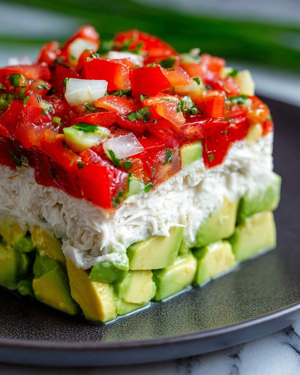 This image shows a three-layer dish presented on a dark plate against a white marbled texture. The bottom layer is chunky, bright green avocado pieces, cut into medium-sized chunks. The middle layer is creamy and white, with a slightly coarse texture, likely a mixture with shredded ingredients. The top layer consists of vibrant red chopped tomatoes mixed with small pieces of white onion and green herbs, creating a fresh, colorful contrast to the middle and bottom layers. The overall look is fresh, colorful, and neatly stacked. photo taken with an iphone --ar 4:5 --v 7