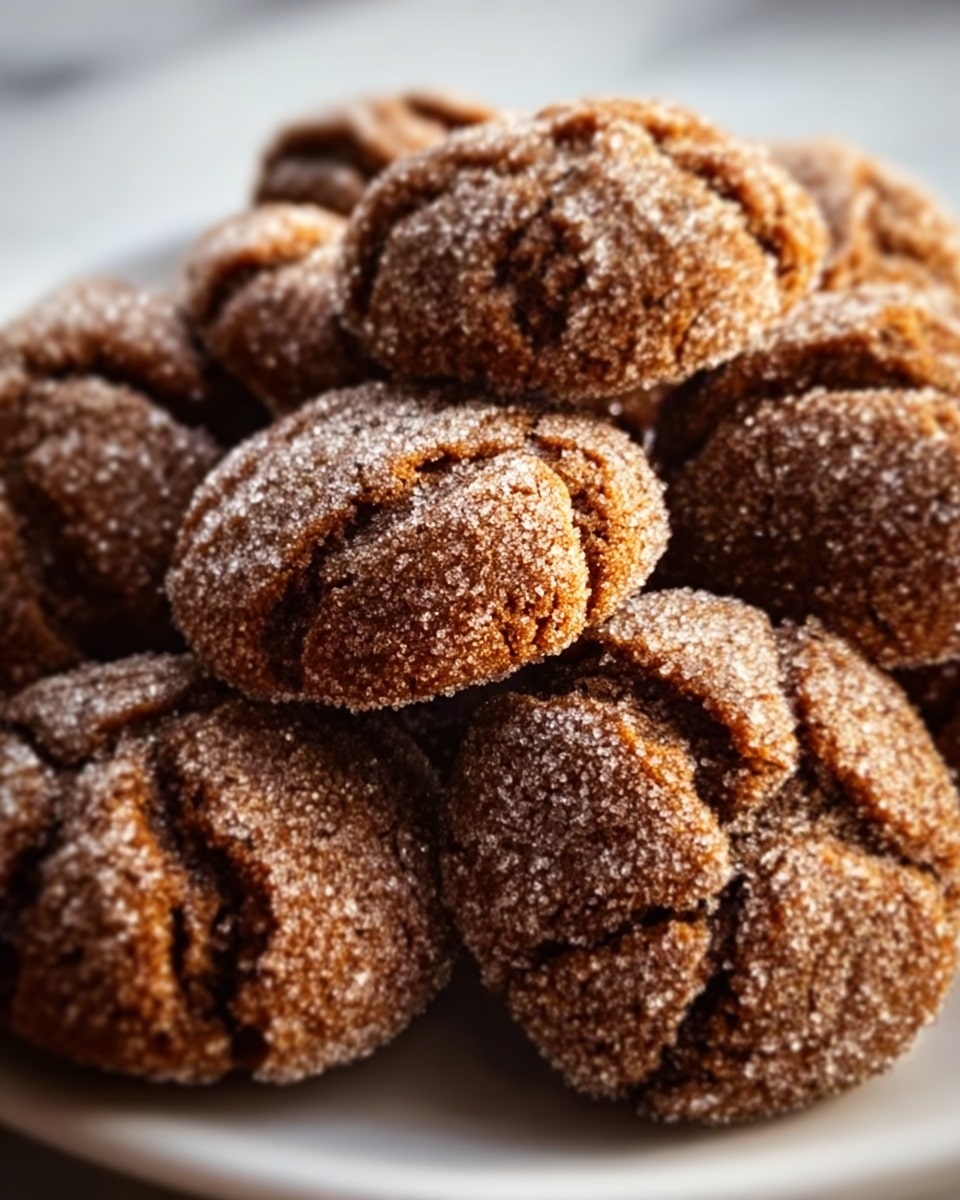 A close-up view of several small, round cookies stacked on a white plate, each cookie coated with sugar giving a sparkling, grainy texture. The cookies have a cracked surface with darker brown lines running unevenly across their light to medium brown tops, showing a slightly rough texture. The pile of cookies is arranged casually, with soft shadows enhancing their ridges and the sugar coating. The background is a white marbled texture. Photo taken with an iphone --ar 4:5 --v 7