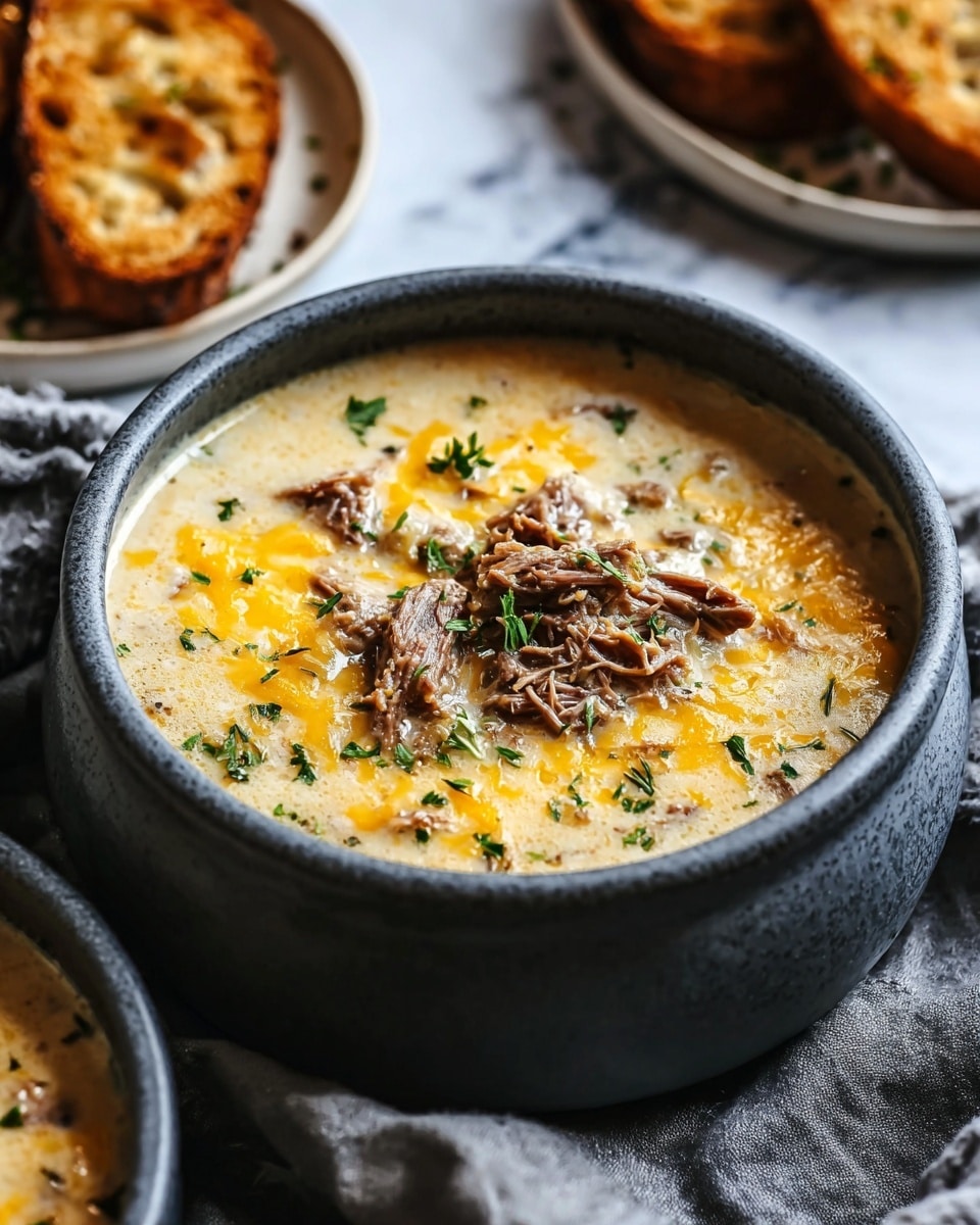 The image shows a creamy soup served in a round, dark grey bowl placed on a white marbled surface. The soup has a pale yellow base with melted orange cheese swirled on top, sprinkled with small green herb pieces. There are chunks of shredded brown meat spread evenly across the surface. In the background, there are pieces of toasted bread with a golden brown crust, partially visible on white plates. The setting has a cozy feel with a soft grey cloth under the bowl. Photo taken with an iphone --ar 4:5 --v 7