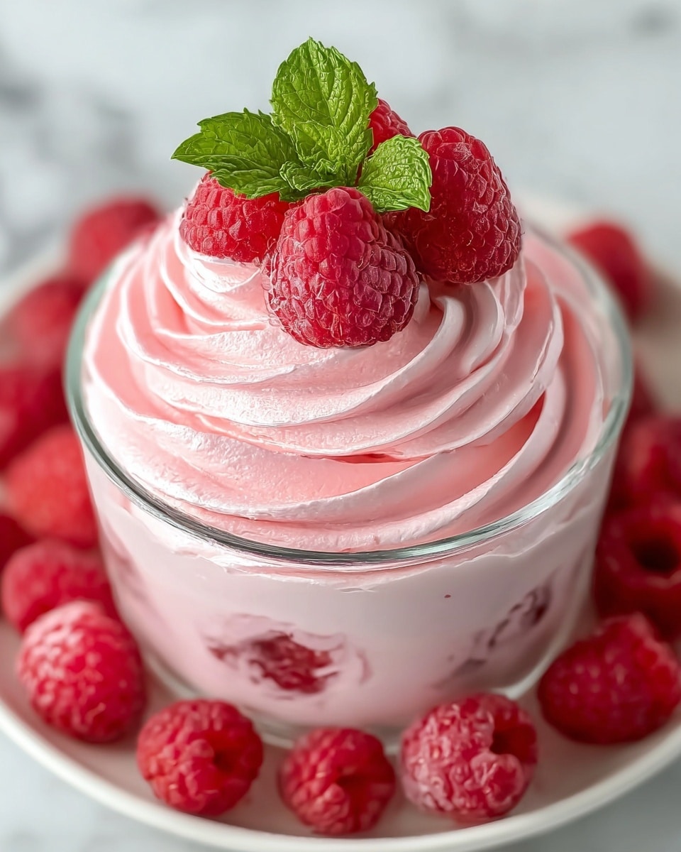 A clear glass cup filled with three visible layers: the bottom layer is smooth, light pink mousse with embedded whole raspberries, the middle layer is thicker raspberry mousse, and the top layer is a fluffy, swirled light pink whipped cream that forms a tall, soft peak. On top of the whipped cream sits a cluster of bright red raspberries with a fresh green mint leaf in the center. The cup is placed on a white plate, all set on a white marbled texture. Photo taken with an iphone --ar 4:5 --v 7