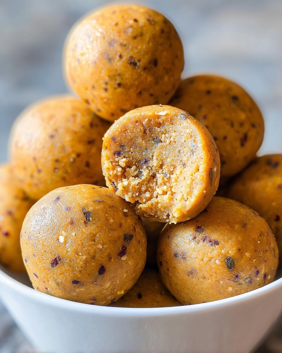 A close-up view of a white bowl filled with a pile of round, golden-brown balls that have a slightly rough texture and are speckled with small dark seeds or grains. Each ball is dusted lightly with fine white powder, giving them a soft, powdery surface look. The balls are stacked on top of each other, some leaning against the bowl's edge, showing a dense, somewhat grainy texture on their surface. The bowl sits on a white marbled textured surface. photo taken with an iphone --ar 4:5 --v 7