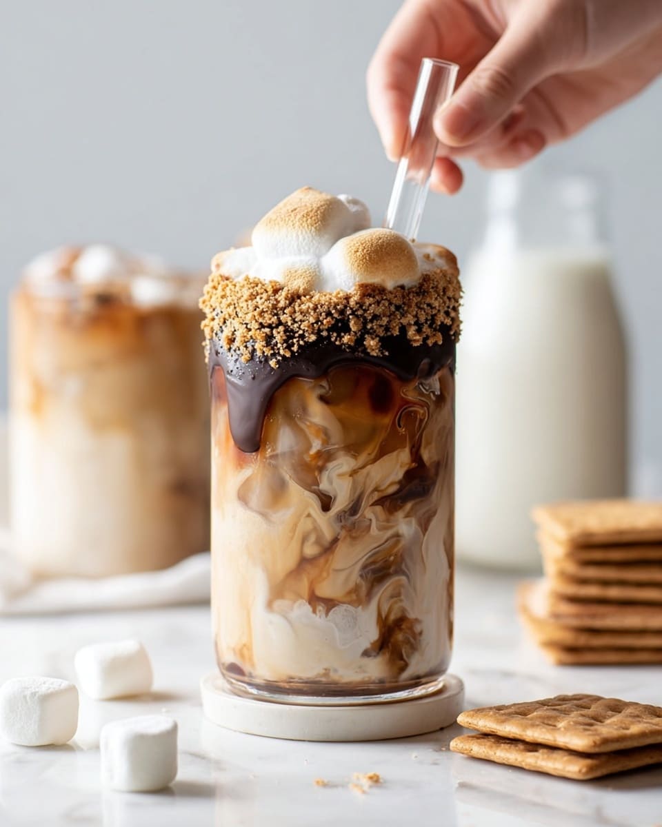 A glass filled with iced creamy coffee, showing a mix of light brown and white swirls from the milk and coffee layers inside, with visible ice cubes; the glass rim is partially coated in dark chocolate and covered with crushed graham cracker crumbs on the left side; topped with a fluffy, lightly toasted white marshmallow layer that slightly spills over the rim; a woman's hand holds a clear straw inserted into the drink from the right side; the glass sits on a small round white coaster on a white marbled surface; in the background there is another similar glass and a clear bottle filled with milk; in the foreground there are two square graham crackers stacked and three white marshmallows scattered; photo taken with an iphone --ar 4:5 --v 7