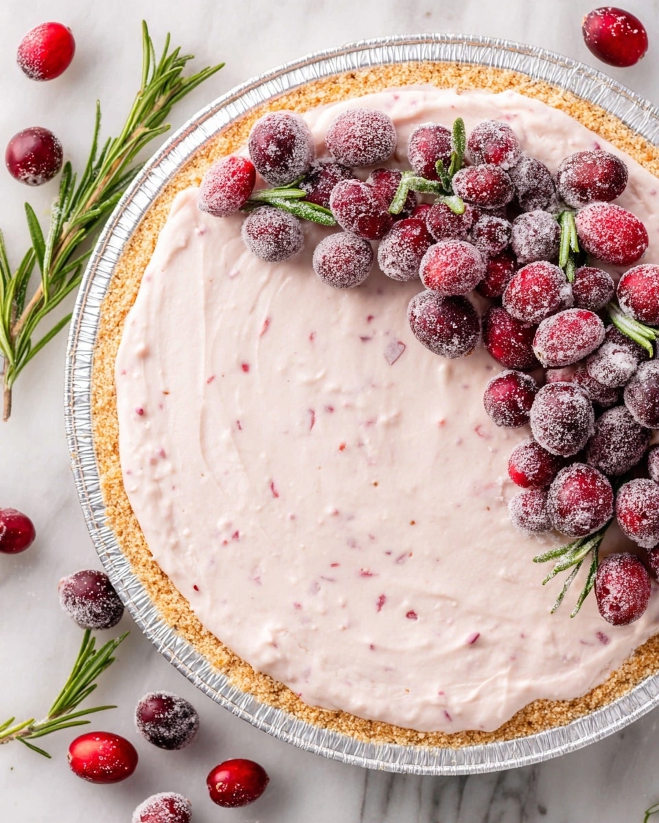 A slice of creamy pink dessert with visible small red and dark berry pieces mixed inside sits on a white plate with a thin gold rim. The dessert has two layers: a crumbly light golden crust at the bottom and a thick, fluffy, light pink cream layer on top. On the top edge of the slice, there are four berries, two shiny red and two covered with sugar crystals, along with small green herb leaves for decoration. The plate is placed on a white marbled surface, with blurred whole and sugared berries in the background. photo taken with an iphone --ar 4:5 --v 7