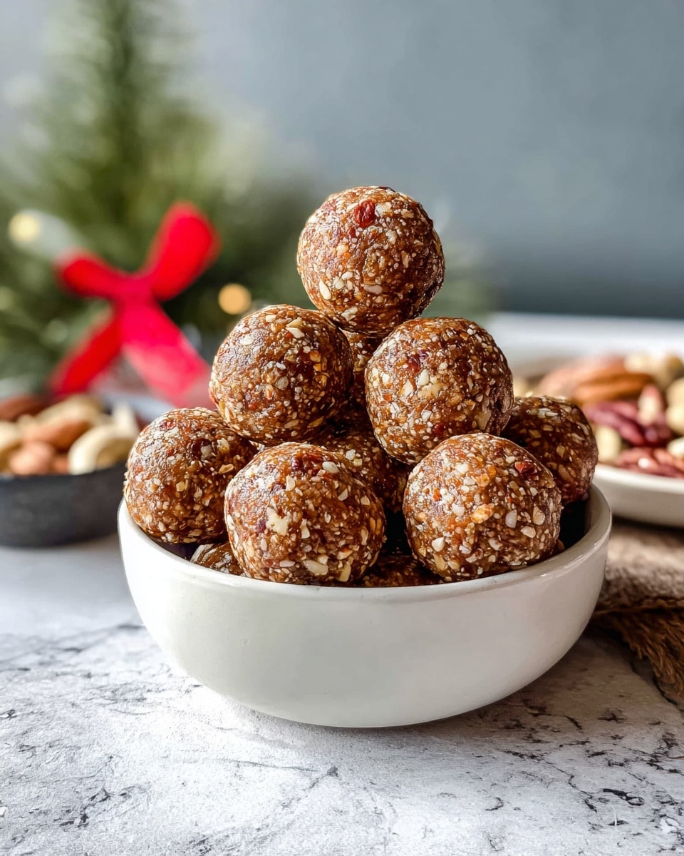A round bowl filled with about a dozen round energy balls stacked in a small pyramid shape. Each ball has a rough texture showing tiny bits of nuts and seeds in a brown, chewy mix with light tan and cream flecks. The bowl is white with a smooth surface and sits on a white marbled textured table. In the background, there is a soft-focus decoration with green pine and a red ribbon, along with some blurred mixed nuts scattered on a white plate. The natural light highlights the balls' rich nutty texture. Photo taken with an iphone --ar 4:5 --v 7