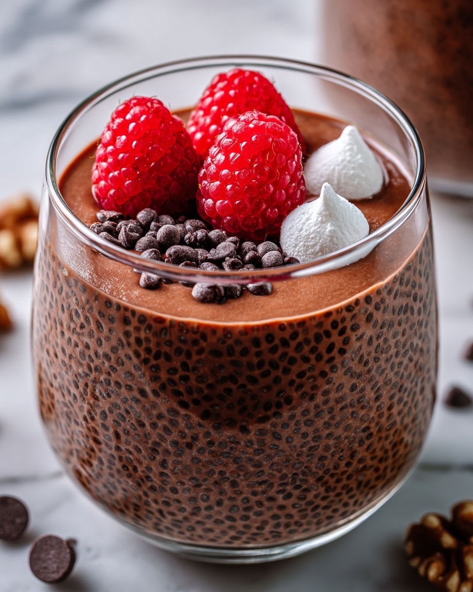 A clear glass holds a rich, creamy chocolate chia pudding with a thick layer filled with small dark chia seeds, giving it a spotted texture throughout. On top, there is a smooth, slightly glossy chocolate layer, decorated with three bright red raspberries placed close together near the center. Next to the raspberries are two small white meringue pieces with a rough, crumbly texture. Scattered around the base of the raspberries and meringue are tiny dark chocolate chips, adding contrast. The glass sits on a white marbled surface with some scattered walnut pieces and chocolate chips nearby. Photo taken with an iphone --ar 4:5 --v 7