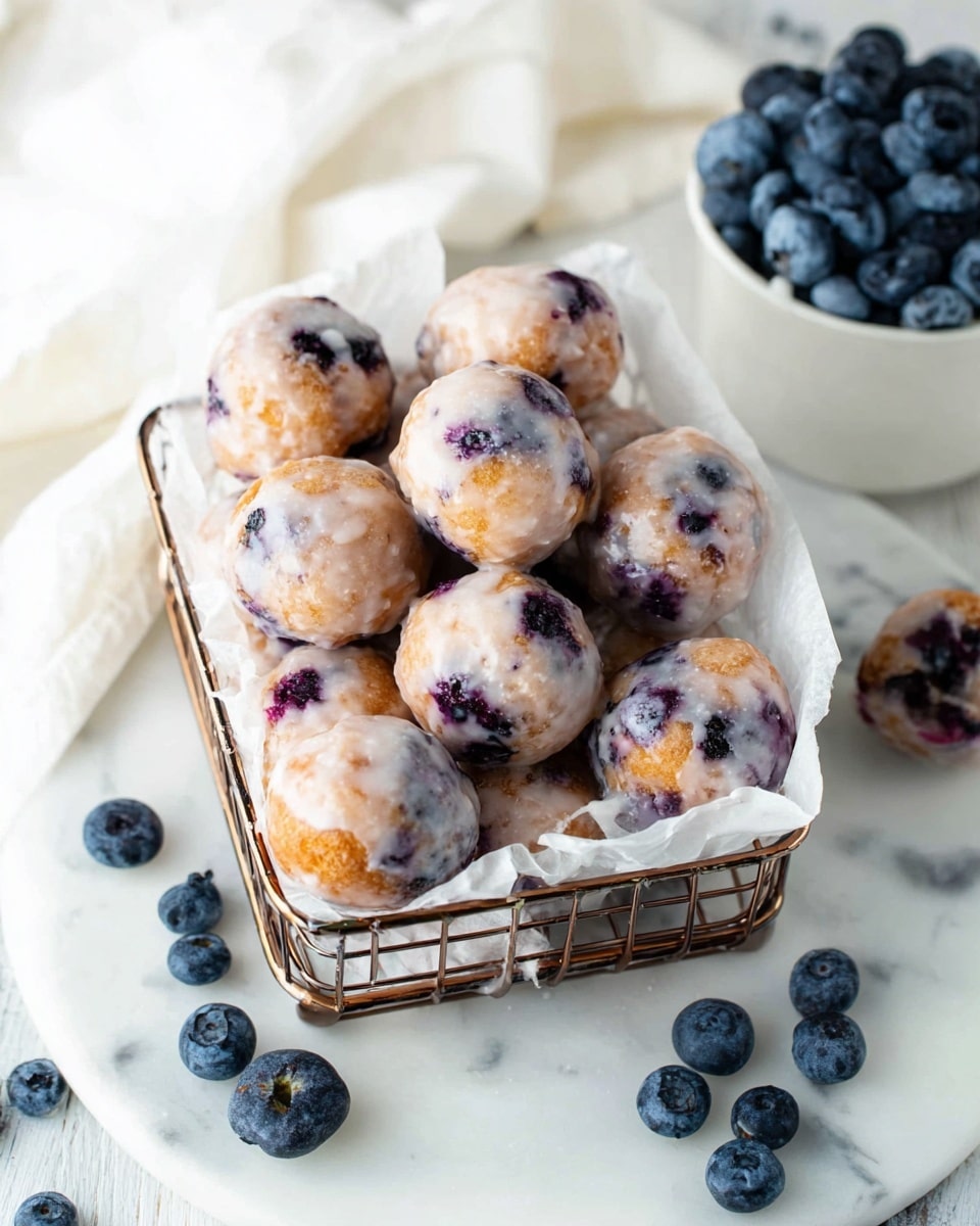 A wire basket lined with white parchment paper holds about a dozen small, round blueberry doughnut holes, each coated lightly with a shiny white glaze. The doughnut holes have a golden-brown base with purple blueberry spots showing through, creating a speckled texture on their surface. Around the basket, fresh blueberries are scattered across a white marbled surface, adding deep blue accents. A white cloth is laid gently to one side of the basket, and in the top right corner, a white container is filled with more fresh blueberries. Photo taken with an iphone --ar 4:5 --v 7