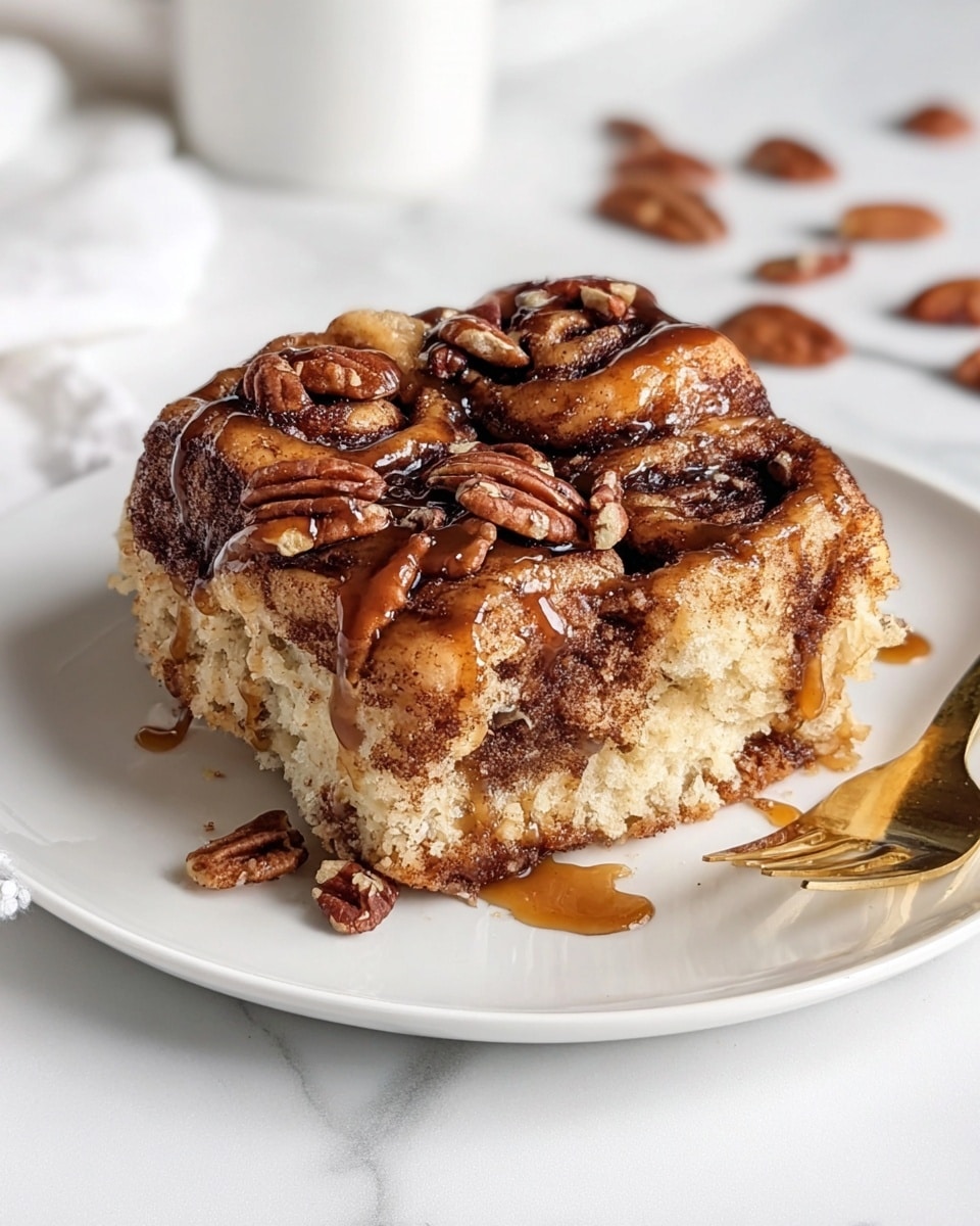 The image shows a thick, square cinnamon roll with a crumbly texture on the bottom layer, topped with a layer of soft, spiraled cinnamon dough covered in dark brown cinnamon swirls. On top, there are medium-sized pecans scattered throughout the cinnamon roll, with a shiny, amber caramel syrup drizzled over the top, adding a glossy layer. The cinnamon roll is placed on a white plate, which sits on a white marbled surface. In the background, a gold fork is visible on the right side with a few more pecans scattered nearby. Photo taken with an iphone --ar 4:5 --v 7