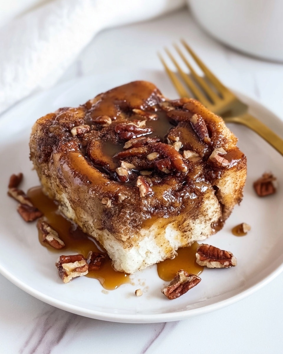 A thick square slice of cinnamon roll dessert sits slightly tilted on a white plate, showing two visible layers; the bottom layer is light beige and soft, while the top layer is a darker brown cinnamon swirl with a rough texture topped with chopped pecans. A sticky caramel or syrup sauce is drizzled over the top, glistening and pooling a bit on the edges. Small bits of the dessert and pecans rest on the plate and the white marbled surface below. A gold fork lies next to the plate. photo taken with an iphone --ar 4:5 --v 7