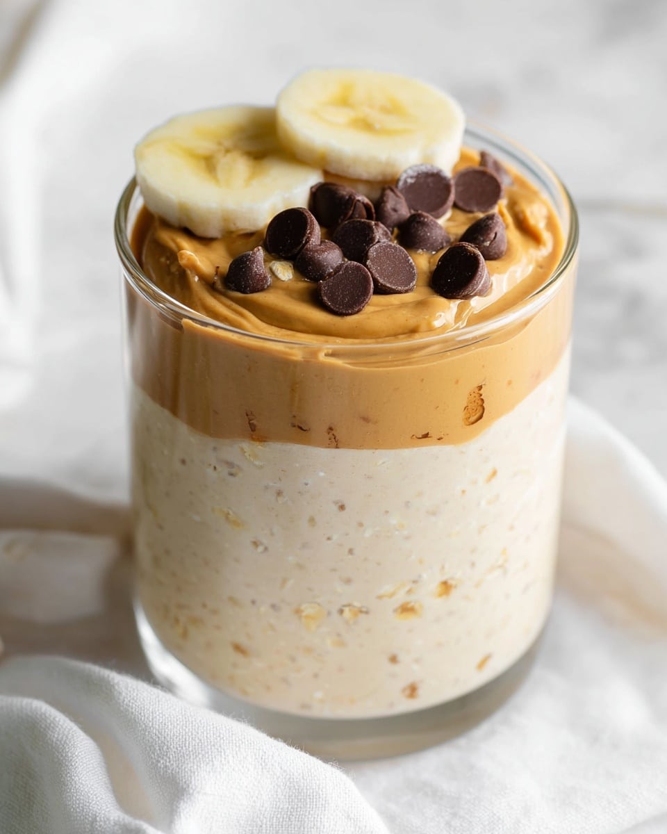 A clear glass cup filled with three layers, the bottom layer is a creamy light beige oatmeal mix with a smooth texture, the middle layer is a thick and glossy light brown peanut butter spread with small peanut pieces, and the top layer is decorated with two creamy yellow banana slices on one side and a cluster of shiny, dark brown chocolate chips on the other side, all set on a white marbled texture with a soft white cloth partially visible beneath the cup, photo taken with an iphone --ar 4:5 --v 7