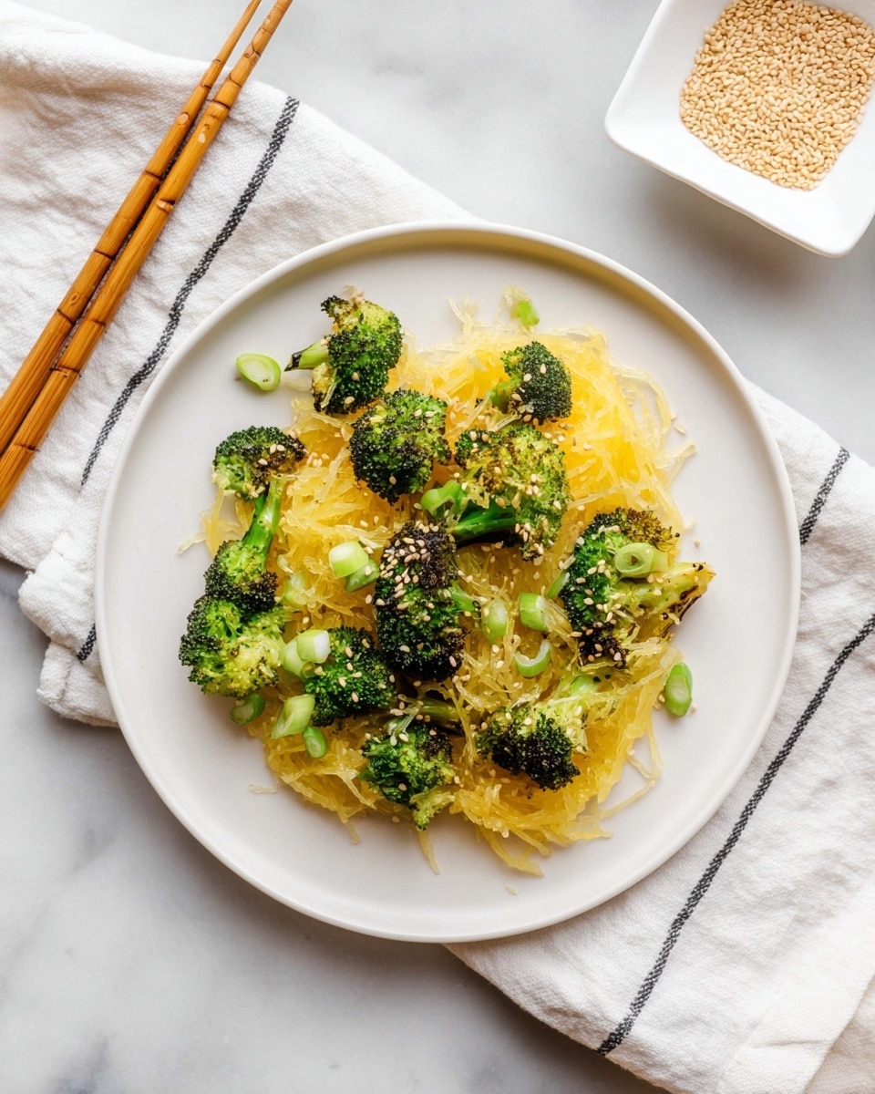 A white plate placed on a white cloth with black stripes on a white marbled surface holds a serving of spaghetti squash mixed with bright green broccoli florets. The spaghetti squash forms a thin, stringy, yellow layer at the base, topped unevenly by medium-sized, roasted broccoli pieces with some charred spots. Small slices of light green scallions are scattered on top along with a light sprinkle of white sesame seeds that add texture. To the upper right, a small white square dish holds more sesame seeds. A pair of wooden chopsticks is placed near the top left corner of the image. Photo taken with an iphone --ar 4:5 --v 7