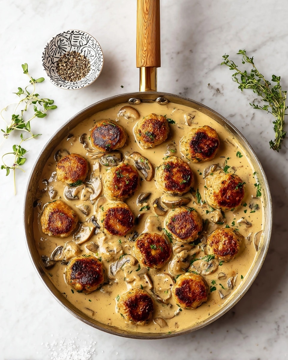 A gray pan with a wooden handle holds 12 golden brown, round meatballs scattered evenly on top of a thick creamy beige sauce full of sliced brown mushrooms and flecks of green herbs. The sauce smooth texture contrasts with the crispy, browned surface of the meatballs. On a white marbled backdrop, to the top left, there are two small white bowls with black patterns; one filled with coarse salt and the other with ground pepper. To the right, a fresh bunch of green herb leaves adds a touch of color. The whole scene is bright and clean, showing off the hearty meal. photo taken with an iphone --ar 4:5 --v 7