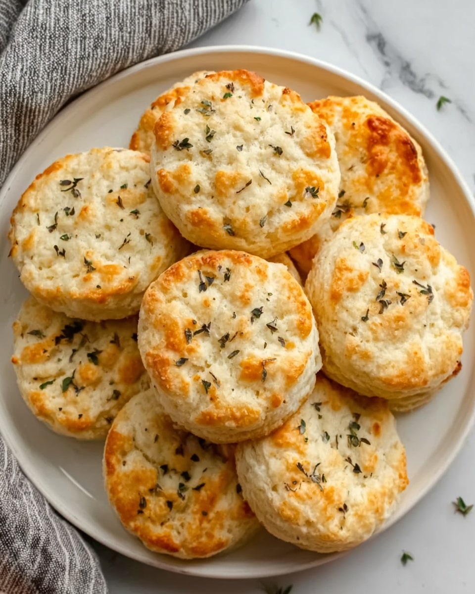 The image shows a white plate filled with seven round, golden-brown biscuits stacked slightly overlapping each other. Each biscuit has a light, flaky texture with crispy edges and some small black and green herbs sprinkled on top, giving them a speckled look. The plate sits on a white marbled surface, and a striped gray and white cloth is partly visible on the upper left side of the image. The overall look is warm and inviting, with the biscuits appearing soft on the inside and crunchy on the outside. Photo taken with an iphone --ar 4:5 --v 7
