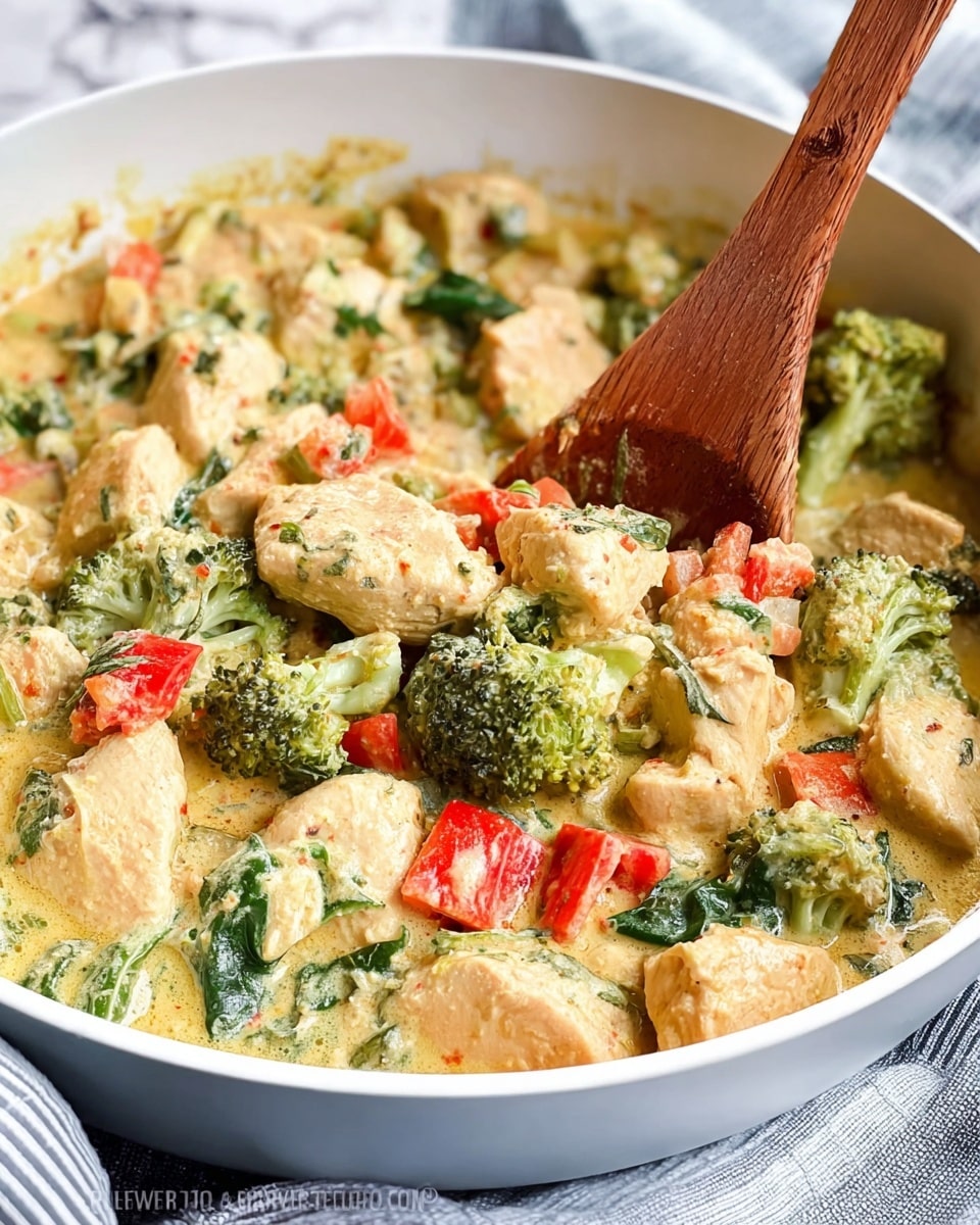 A close-up of a creamy chicken and vegetable dish in a white bowl, showing chunks of tender, light brown chicken mixed with bright green broccoli florets and red bell pepper pieces, all coated in a rich, pale yellow sauce with visible herbs and small green spinach leaves scattered throughout; a wooden spoon is stirring the mixture from the middle, slightly lifting some of the ingredients, set against a white marbled surface with a faintly visible gray and white striped cloth in the background. photo taken with an iphone --ar 4:5 --v 7