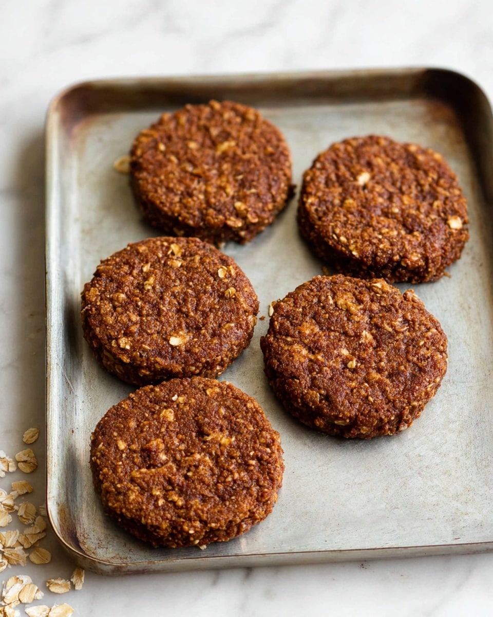 The image shows six round, thick oat cookies with a rich brown color, textured surface due to visible oats mixed throughout, arranged closely on a metal baking tray. The cookies have a slightly rough and crumbly look with small oat pieces embedded in each one, and the tray sits on a white marbled surface with a few oat crumbs scattered nearby. photo taken with an iphone --ar 4:5 --v 7