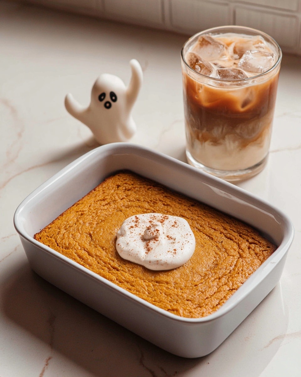 A rectangular white baking dish holds a single-layer pumpkin-colored baked cake with a slightly rough, cracked surface texture. In the center of the cake is a dollop of white cream lightly dusted with brown spice. Behind the cake, there is a clear glass filled with iced coffee showing layers of creamy light brown and darker brown swirls, topped with ice cubes. A small white ghost-shaped candle with black eyes and arms extends out on the left side of the glass. The scene is set on a white marbled countertop with a tiled backsplash faintly visible in the background. photo taken with an iphone --ar 4:5 --v 7