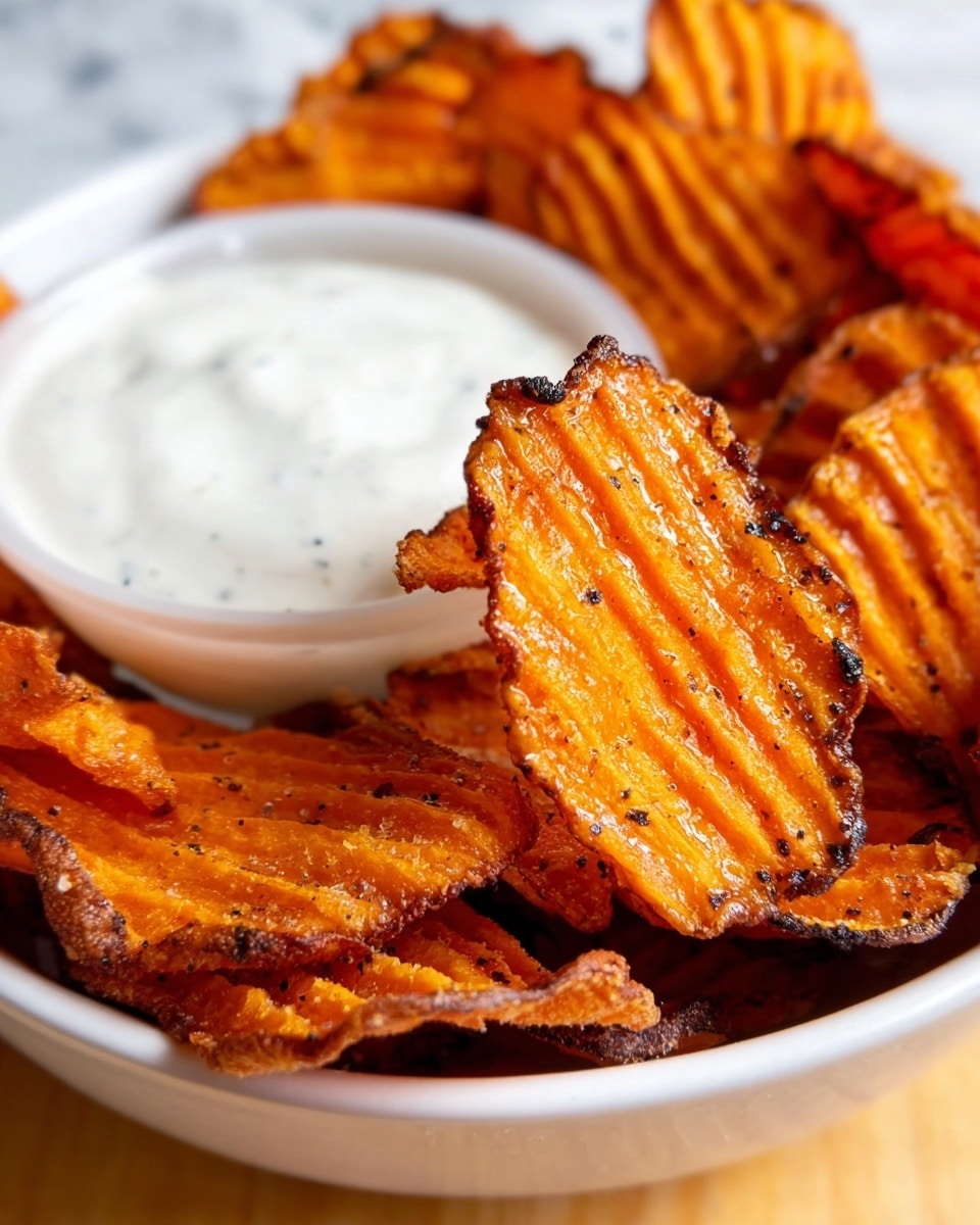 The image shows a close-up of crispy, ridged sweet potato chips with a deep orange color and some dark brown edges, arranged in a white bowl. One chip is dipped halfway into a small white bowl filled with a smooth, creamy white ranch sauce. The chips have a slightly rough texture with visible seasoning and some charring, making them look crunchy and well-cooked. The background is a white marbled surface. photo taken with an iphone --ar 4:5 --v 7