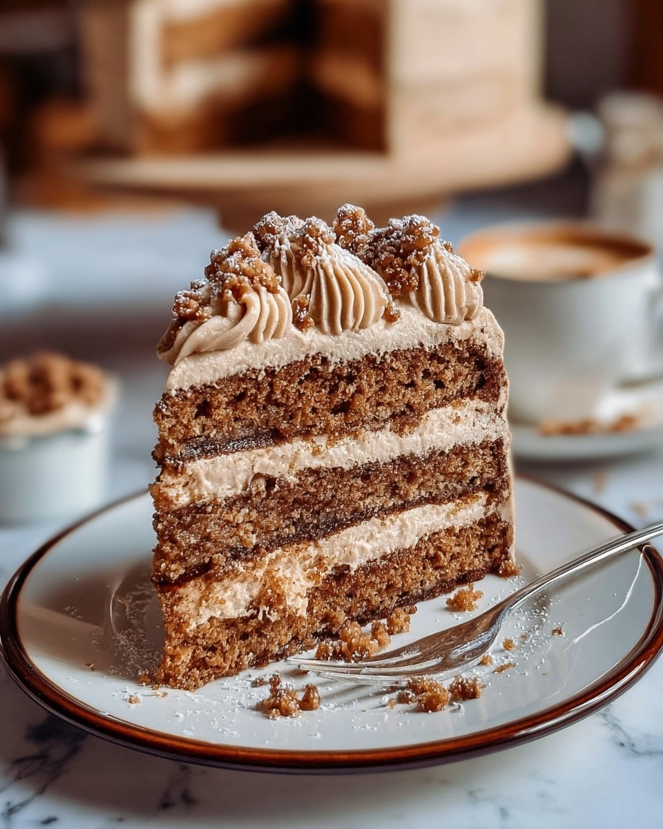 A close-up of a three-layer slice of brown cake with light brown creamy frosting between each layer and on top, decorated with swirls and small bits of crumbly topping, all lightly dusted with powdered sugar. The slice sits on a white plate with a brown rim, crumbs scattered around, and a silver fork resting beside it. The background shows a blurred entire cake on a stand and a white cup on a saucer, all placed on a white marbled surface. Photo taken with an iphone --ar 4:5 --v 7