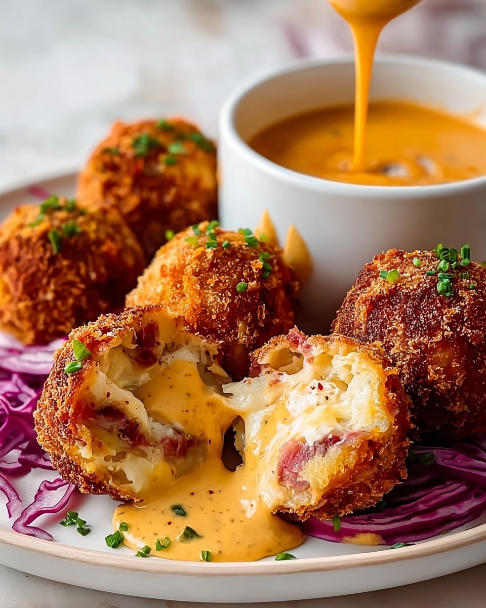 A white plate holds several deep-fried golden brown balls with a crispy texture, one ball cut open to reveal melted white cheese mixed with bits of reddish meat inside. A creamy orange sauce with specks is drizzled over the cut ball and pools on the plate, garnished with small chopped green herbs. Around the balls are thin slices of purple and white cabbage. In the background, there is a white cup filled with the same orange sauce, and a spoon dripping the sauce above it. The surface under the plate is a white marbled texture. Photo taken with an iphone --ar 4:5 --v 7