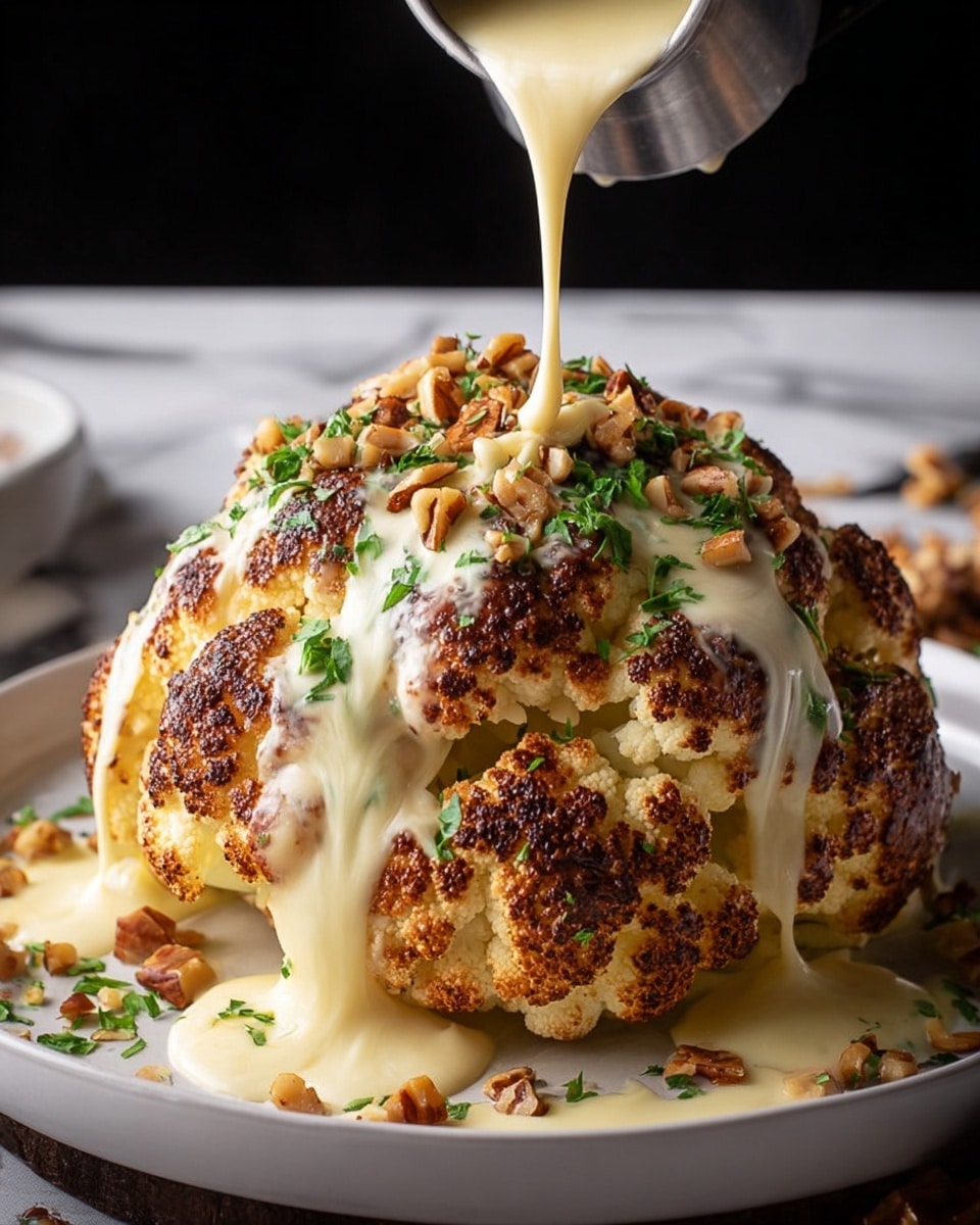 A whole roasted cauliflower with a golden-brown, slightly charred texture on the outside sits in the center of a white plate. It is covered with a thick, creamy cheese sauce that is being poured from above, flowing down the cauliflower’s layers and pooling on the plate. Small pieces of toasted nuts and chopped fresh green herbs are scattered on top of the sauce and around the plate, adding color and texture. The background has a white marbled texture with some blurred elements. Photo taken with an iphone --ar 4:5 --v 7