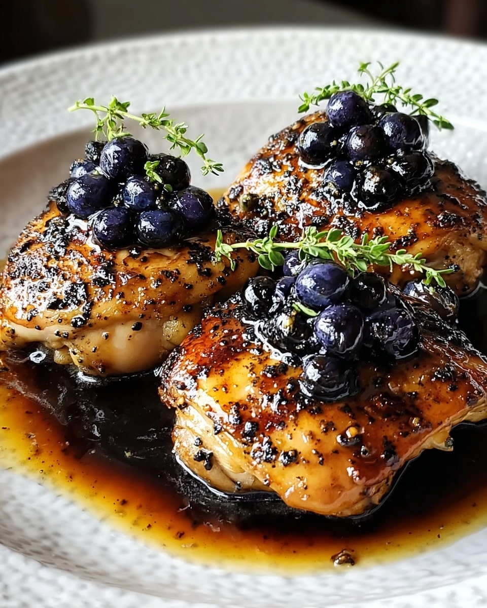 Three grilled chicken thighs with a golden-brown charred surface and black pepper spots, each piece topped with shiny dark blueberries and a small sprig of green herbs. The chicken sits in a shallow pool of thick, dark sauce that reflects light. The food is placed on a white plate with a subtle textured edge, set on a white marbled background. photo taken with an iphone --ar 4:5 --v 7