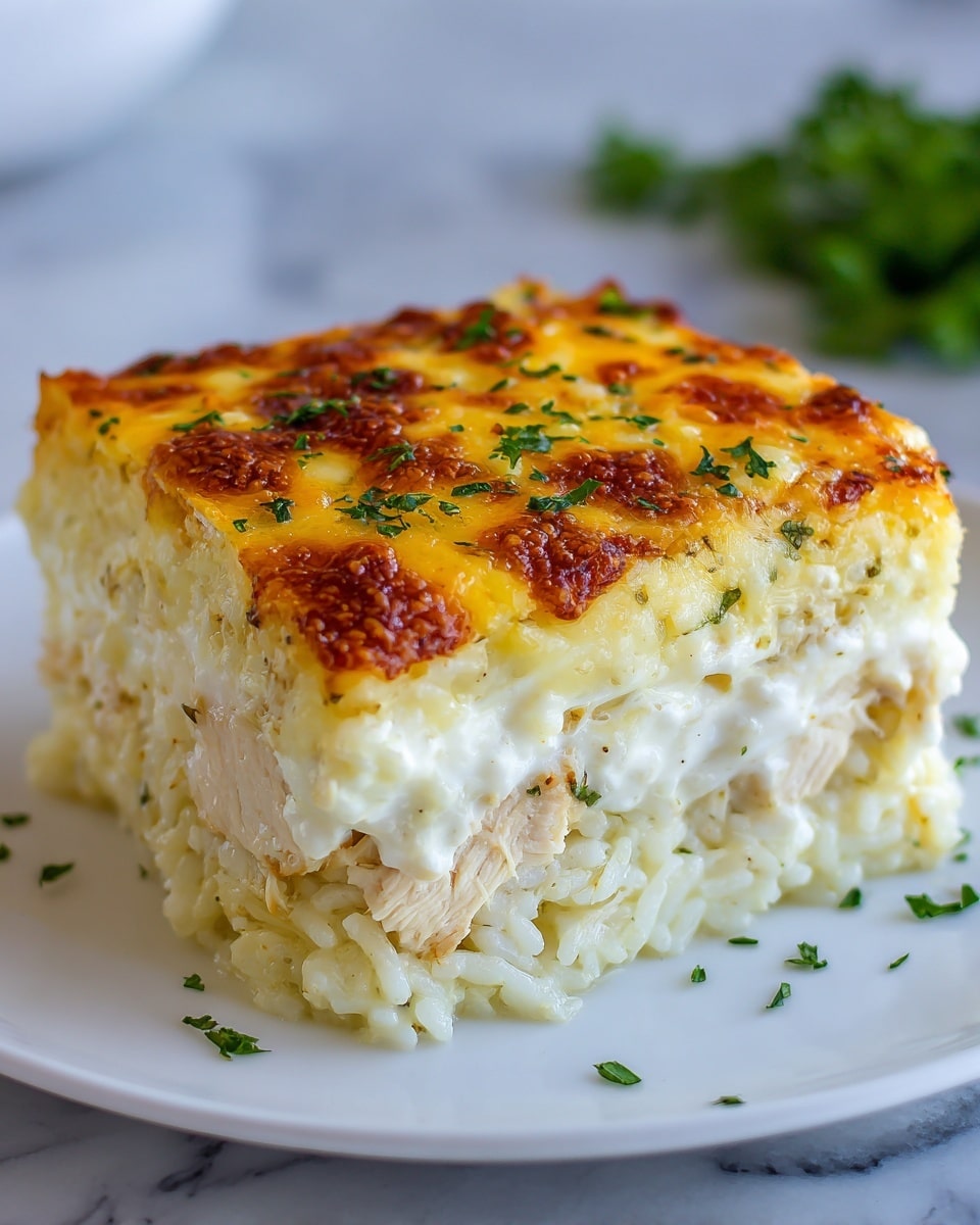 A close-up image of a square piece of baked casserole on a white plate, showing three main layers: the bottom layer is creamy white rice mixed with chunks of cooked white chicken, the middle layer is the same creamy rice mixture, and the top layer is a golden-brown melted cheese with small browned spots and chopped green herbs sprinkled on top. The dish is placed on a white marbled texture surface, with a blurred background containing hints of green. Photo taken with an iphone --ar 4:5 --v 7