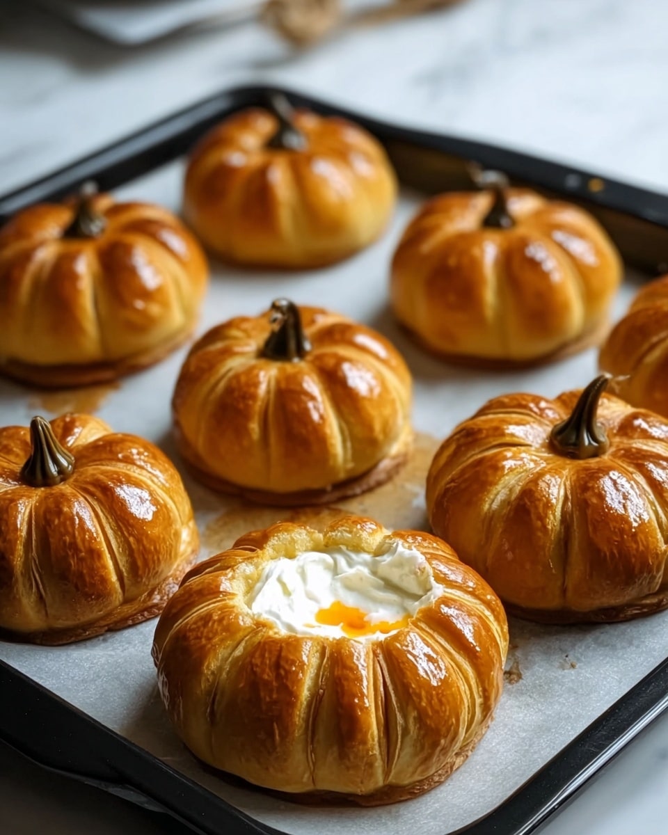 The image shows eight small pumpkin-shaped pastries on a black baking tray lined with white parchment paper, placed on a white marbled surface. Each pastry has a shiny golden-brown crust with visible layers that form a ridged, round pumpkin shape, accented by pulled-apart strips of dough creating the segments. At the top center of each pastry, there is a small, dark brown stem piece attached. One pastry in the front center is cut open to reveal a white creamy filling inside, with a small drizzle of orange sauce on top of the cream. The scene is softly lit, highlighting the glossy texture of the crust and the delicate layers of dough. photo taken with an iphone --ar 4:5 --v 7
