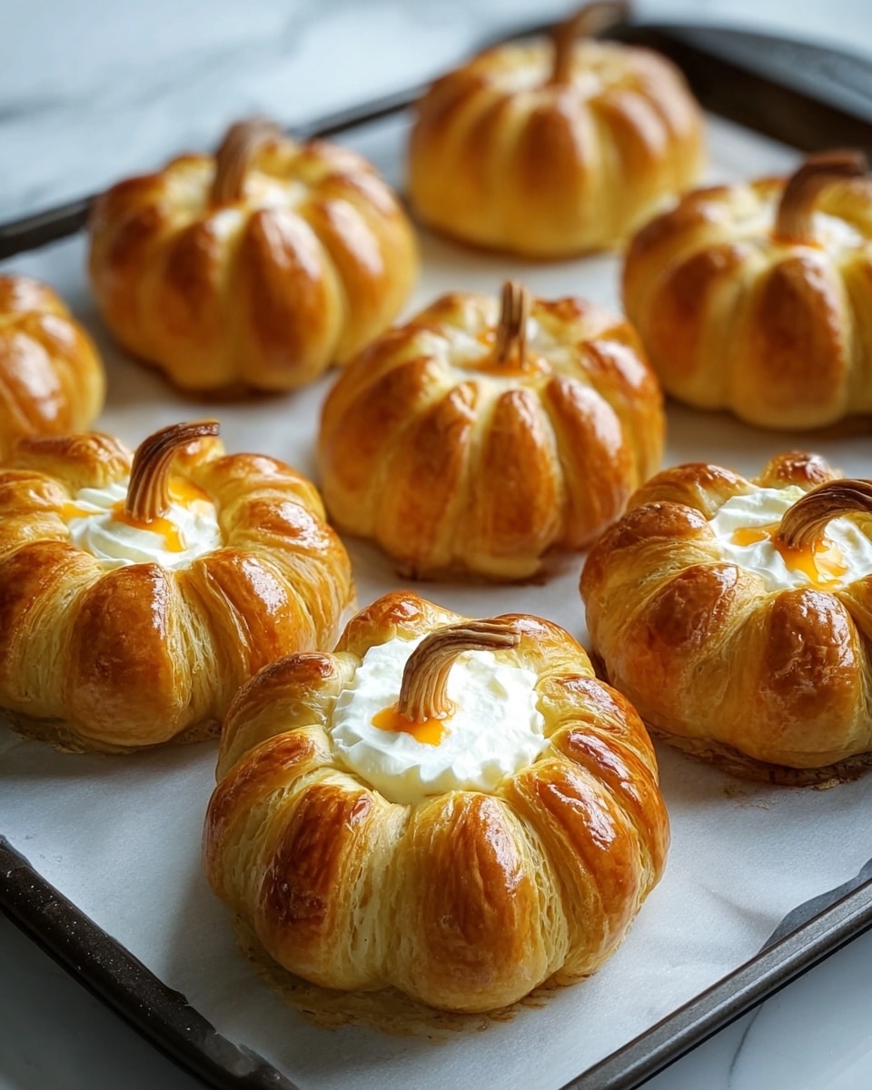 The image shows seven golden brown pumpkin-shaped pastries placed on white baking paper on a baking tray. Each pastry has multiple curved layers of flaky dough that form the shape of a small pumpkin, with a shiny and crispy outer surface. One pastry in the front center is cut open to reveal a creamy white filling topped with a small drizzle of orange sauce. Each pastry also has a short brown stem in the middle, enhancing the pumpkin look. The tray rests on a white marbled surface. photo taken with an iphone --ar 4:5 --v 7