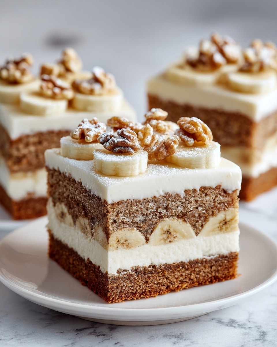 The image shows a close-up of a stack of three banana cake squares on a white plate, placed on a white marbled surface. Each cake square has a thick brown crust with a moist beige interior visible on the sides. Between each cake layer, there is a smooth off-white cream layer, topped with thin round banana slices and small pieces of walnuts. The top layer is decorated with more banana slices, walnut pieces, and a light dusting of powdered sugar, creating a textured and inviting finish. Photo taken with an iphone --ar 4:5 --v 7