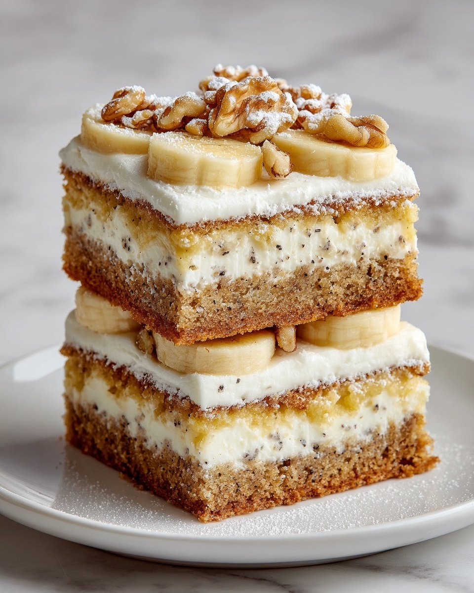 The image shows a stack of three square cake slices on a white plate, each slice having three layers: a golden brown cake base with visible small dark specks, a thick creamy white frosting layer in the middle, and topped with banana slices and walnut pieces. The banana slices are pale yellow with soft texture, and the walnuts are medium brown with a rough surface. The top layer also has a light dusting of powdered sugar, adding a soft white touch. The background is a white marbled texture. photo taken with an iphone --ar 4:5 --v 7