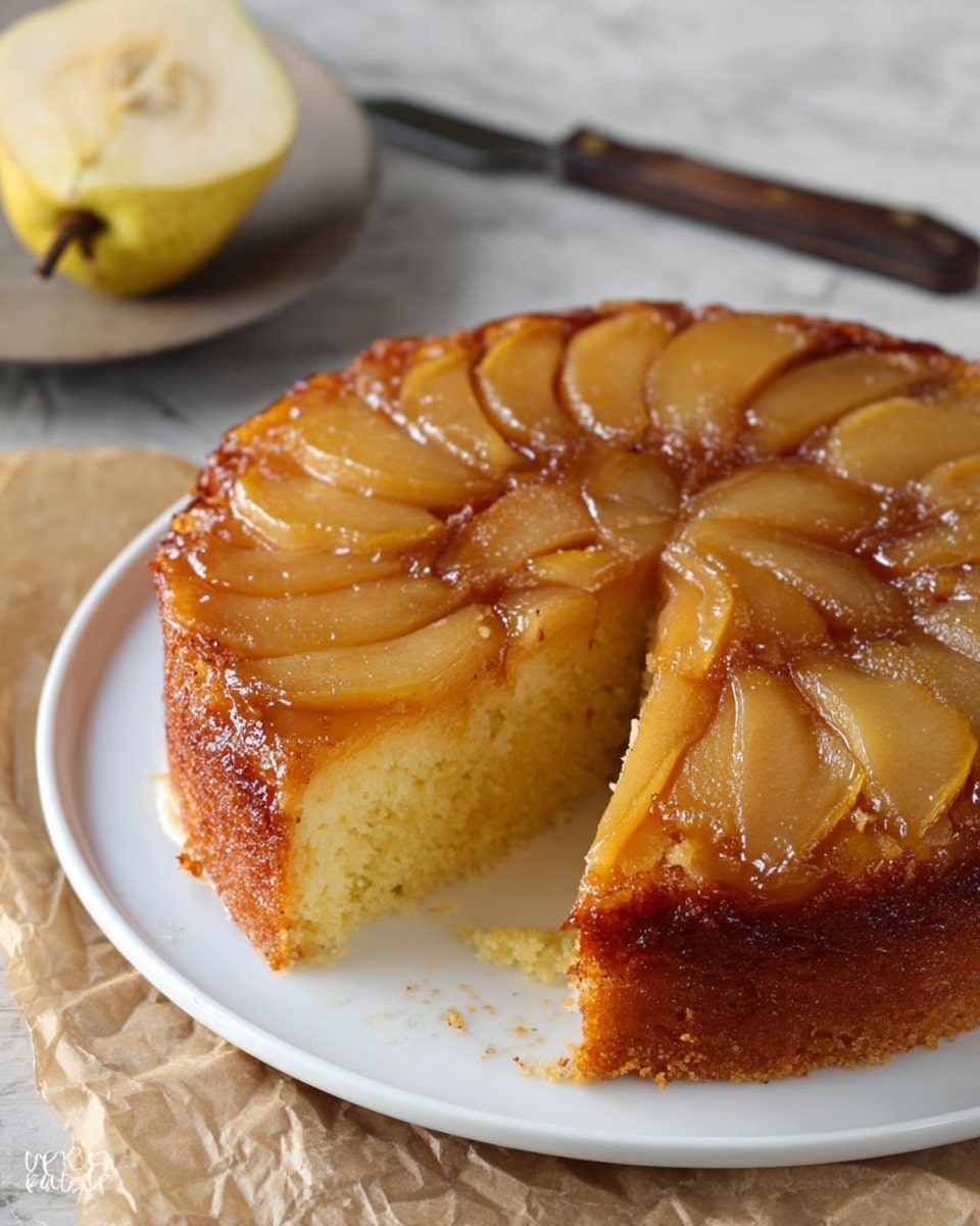The image shows a round apple upside-down cake on a white plate. The cake has two main layers: the top layer is made up of shiny, caramelized apple slices arranged neatly in a circular pattern with a golden brown color and slightly glossy texture, while the bottom layer is a soft, light yellow cake with a crumbly texture. There is a slice missing from the cake, exposing the soft and moist inside. The plate sits on a crumpled piece of brown parchment paper placed on a white marbled surface. In the background, there is a half-cut pear and a knife with a brown handle. Photo taken with an iphone --ar 4:5 --v 7